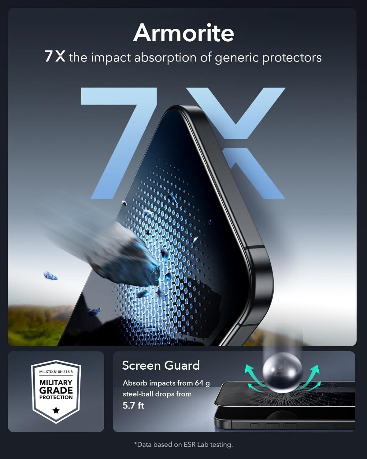 imageESR 3 Pack 9H Glass for iPhone 17 Pro Max Screen Protector MilitaryGrade Shatterproof with AR AntiReflective Technology Armorite UltraTough Tempered Glass with Ultra Fit TrayPrivacy 3 Pack
