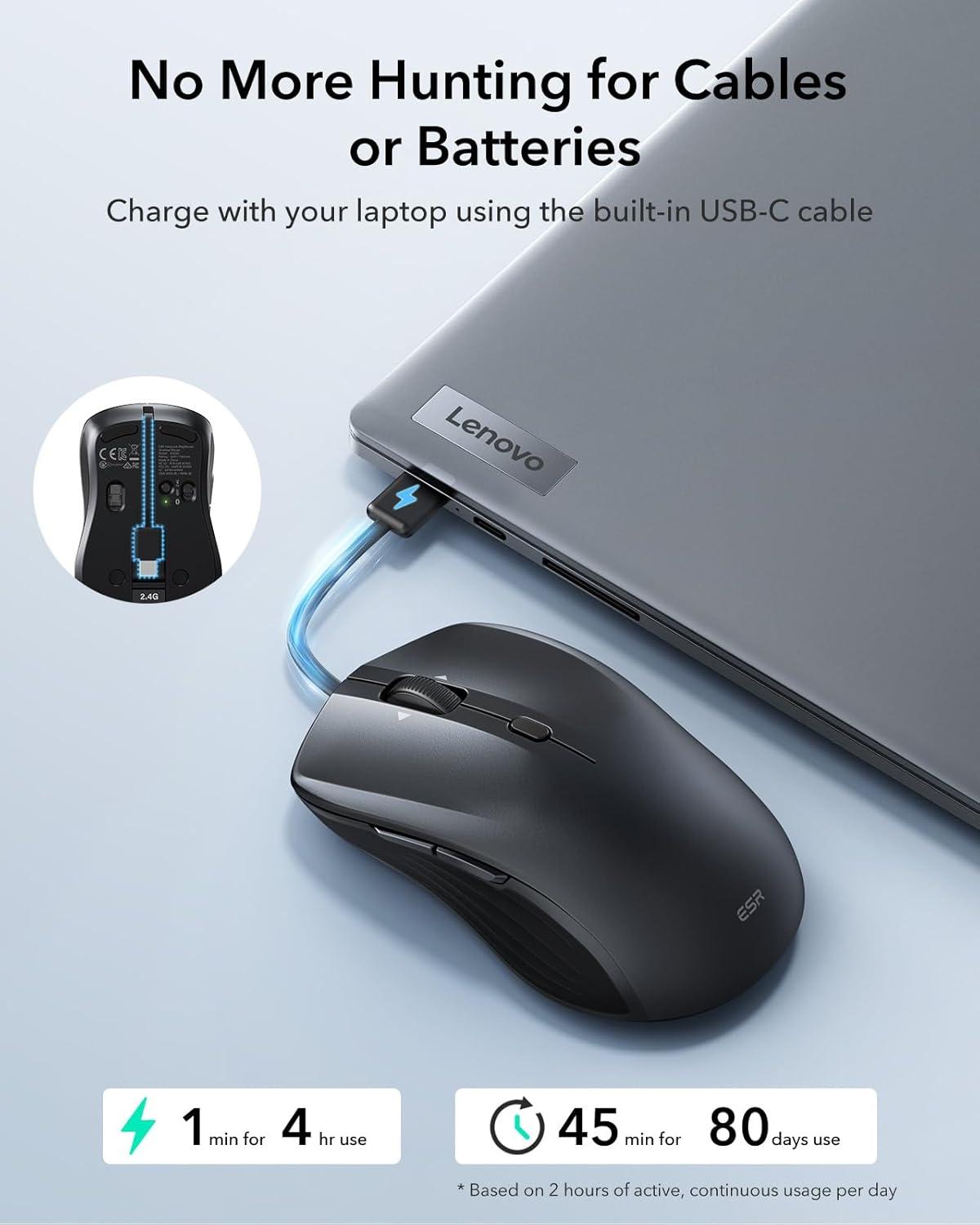 imageESR MagMouse SnaptoCarry Bluetooth Mouse Rechargeable Wireless Mouse for Laptop with Builtin Charging Cable Reusable Adhesive Holder BT 50 24 GHz Connectivity Silent Ergonomic BlackDark Black