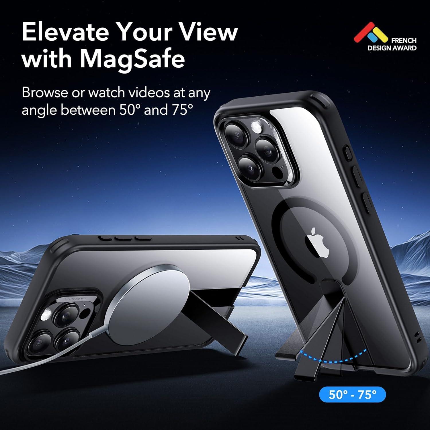 imageESR Patented Metal Kickstand Case Compatible with iPhone 13 Pro Max Two Ways to Tilt Reinforced Drop Protection Slim and Soft Case TransparentMagsafe Clear Black