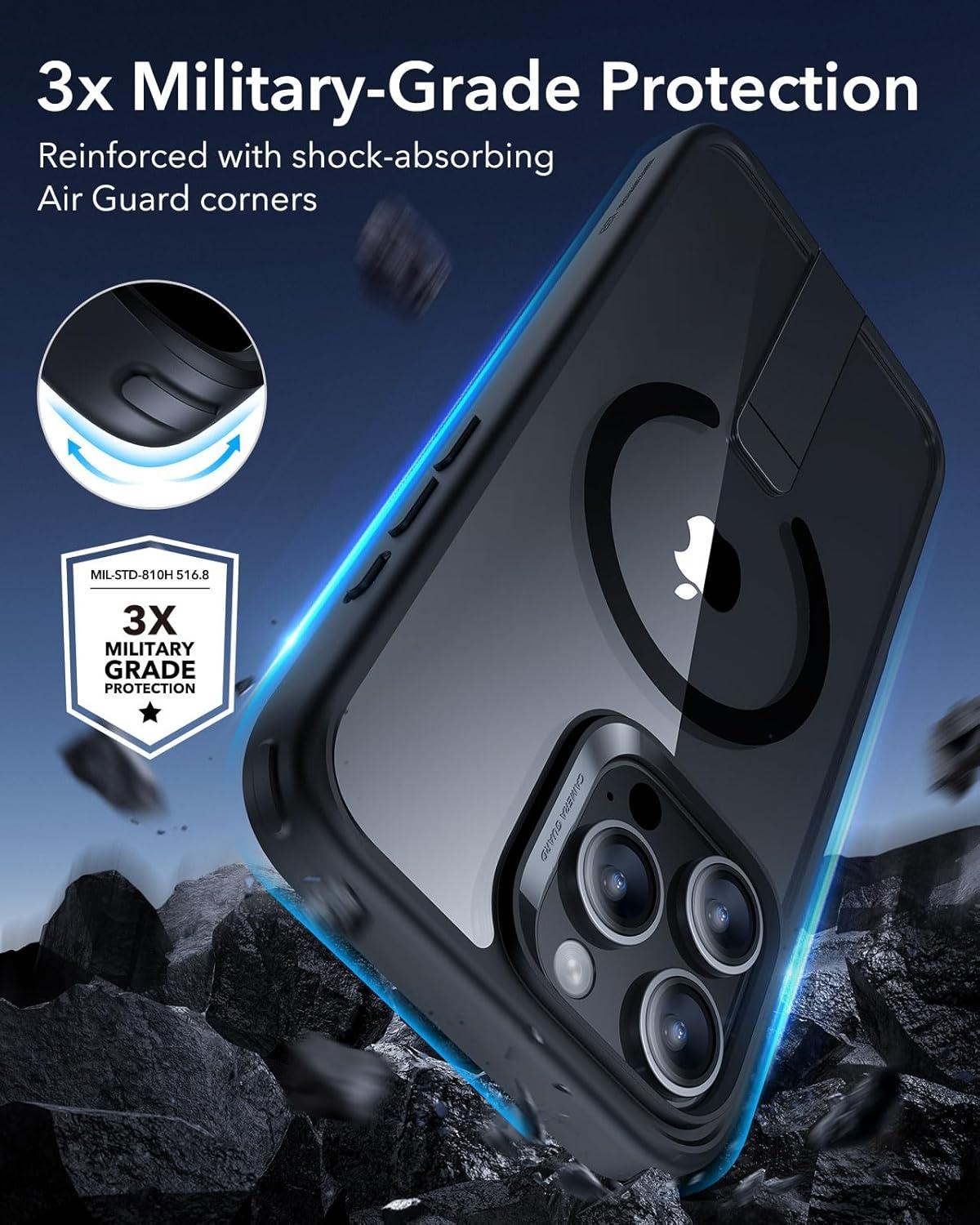 imageESR Patented Metal Kickstand Case Compatible with iPhone 13 Pro Max Two Ways to Tilt Reinforced Drop Protection Slim and Soft Case TransparentMagsafe Clear Black