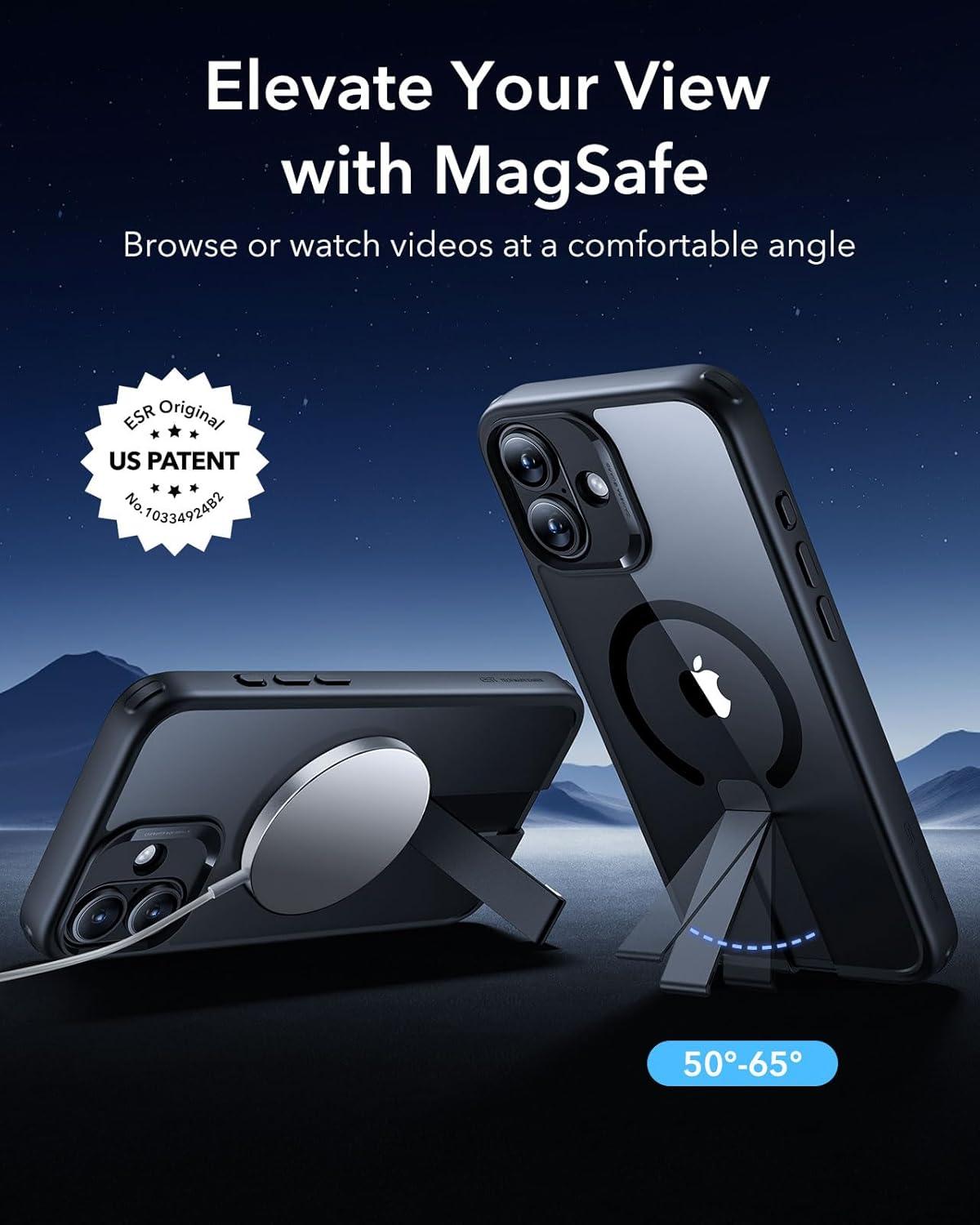 imageESR Patented Metal Kickstand Case Compatible with iPhone 13 Pro Max Two Ways to Tilt Reinforced Drop Protection Slim and Soft Case TransparentMagsafe Clear Black