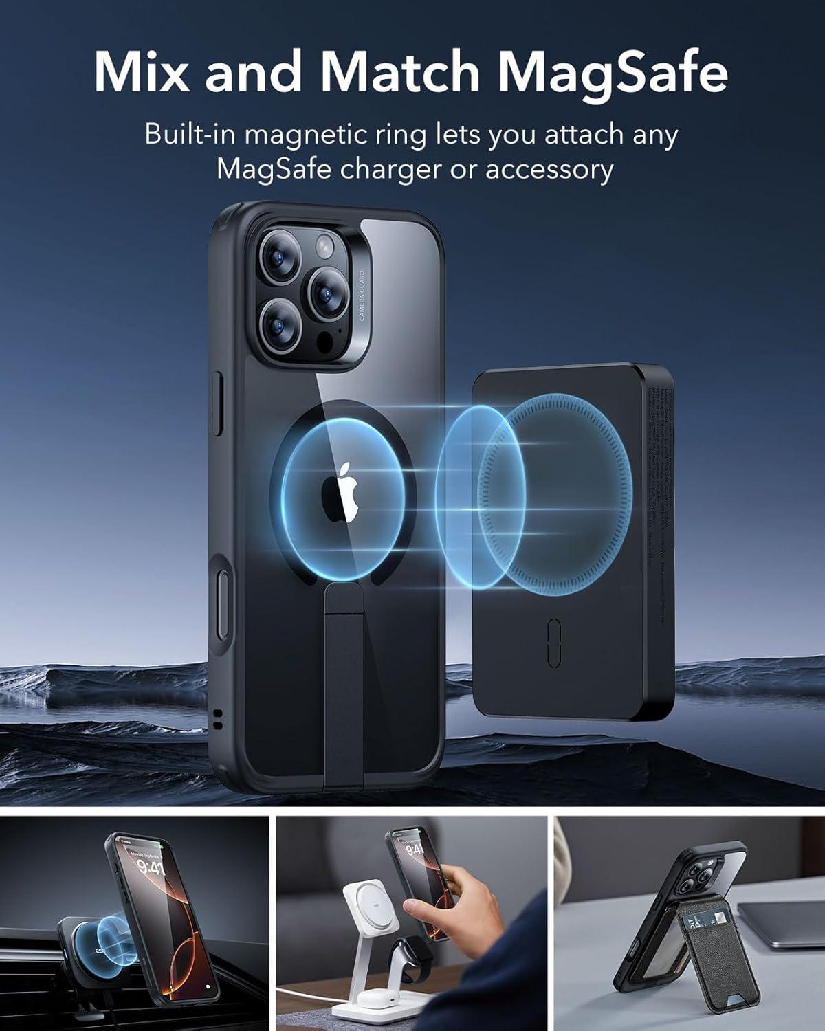 imageESR Patented Metal Kickstand Case Compatible with iPhone 13 Pro Max Two Ways to Tilt Reinforced Drop Protection Slim and Soft Case TransparentMagsafe Clear Black