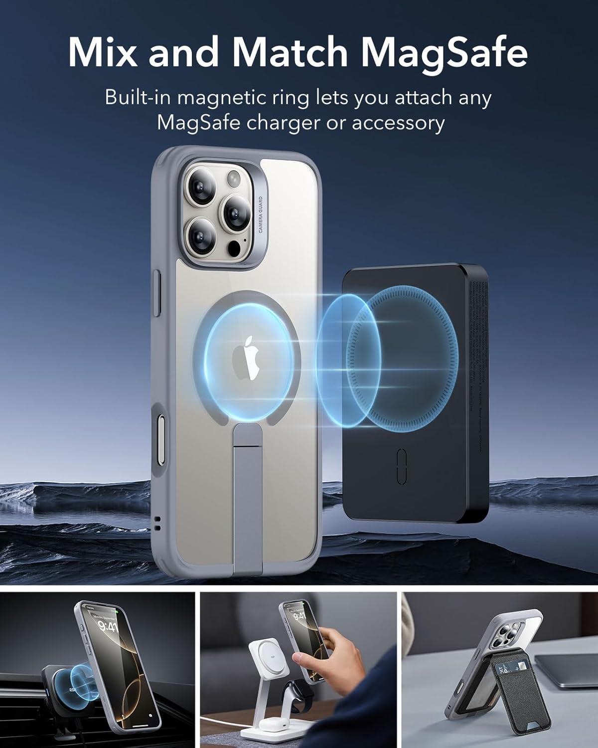 imageESR Patented Metal Kickstand Case Compatible with iPhone 13 Pro Max Two Ways to Tilt Reinforced Drop Protection Slim and Soft Case TransparentMagsafe Clear Grey