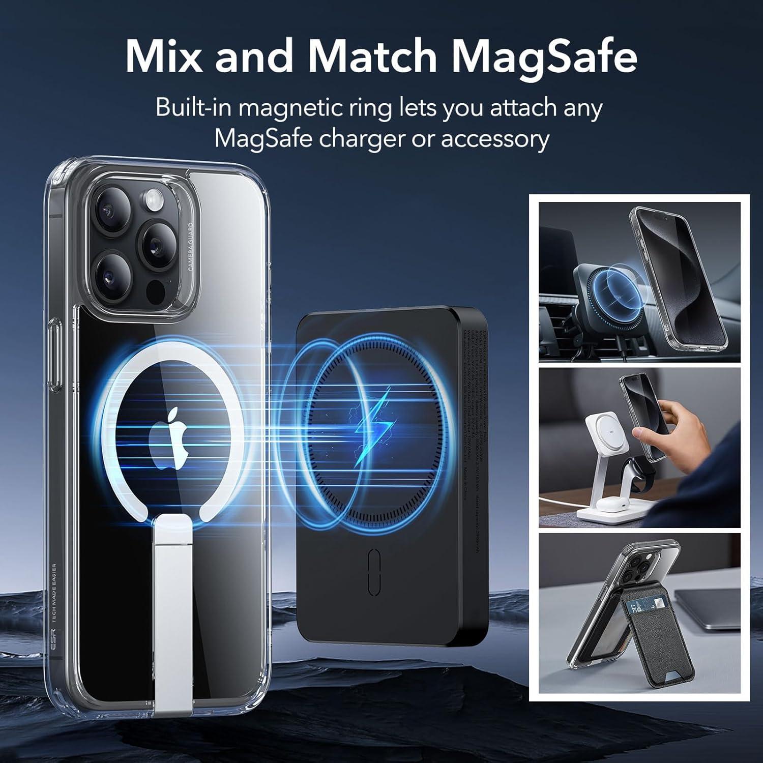 imageESR Patented Metal Kickstand Case Compatible with iPhone 13 Pro Max Two Ways to Tilt Reinforced Drop Protection Slim and Soft Case TransparentMagsafe Clear
