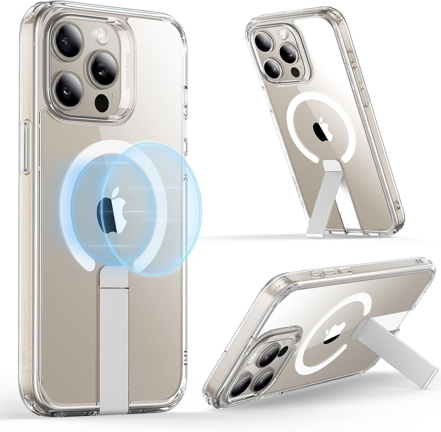 imageESR Patented Metal Kickstand Case Compatible with iPhone 13 Pro Max Two Ways to Tilt Reinforced Drop Protection Slim and Soft Case TransparentMagsafe Clear