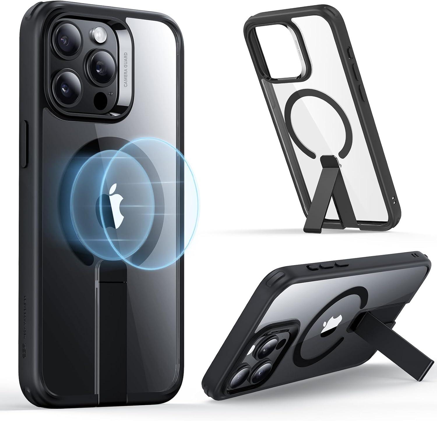 imageESR Patented Metal Kickstand Case Compatible with iPhone 13 Pro Max Two Ways to Tilt Reinforced Drop Protection Slim and Soft Case TransparentMagsafe Clear Black