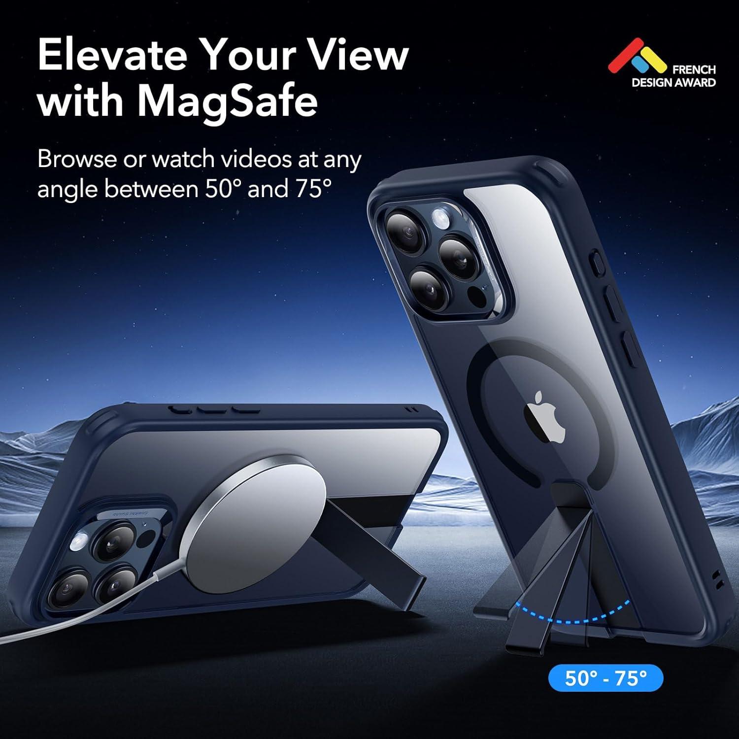 imageESR Patented Metal Kickstand Case Compatible with iPhone 13 Pro Max Two Ways to Tilt Reinforced Drop Protection Slim and Soft Case TransparentMagsafe Clear Dark Blue