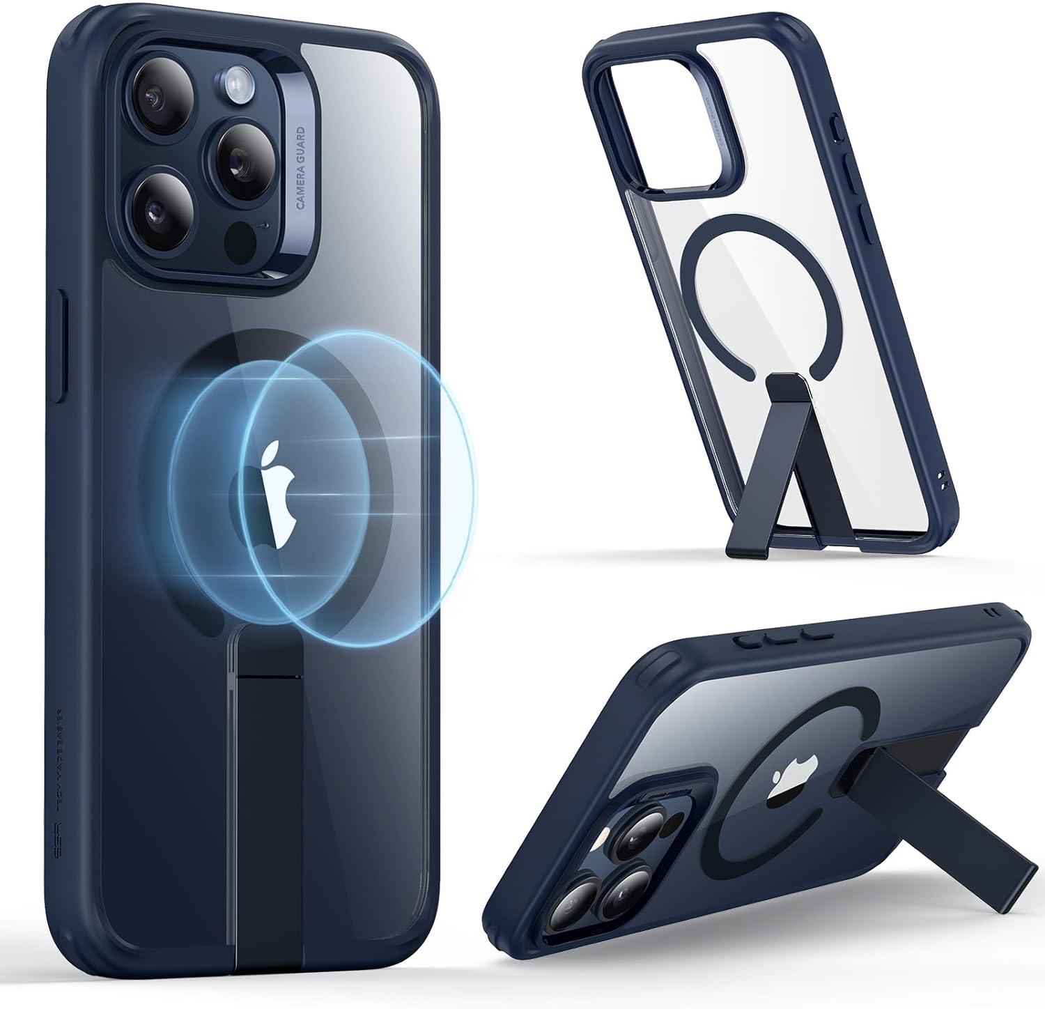 imageESR Patented Metal Kickstand Case Compatible with iPhone 13 Pro Max Two Ways to Tilt Reinforced Drop Protection Slim and Soft Case TransparentMagsafe Clear Dark Blue