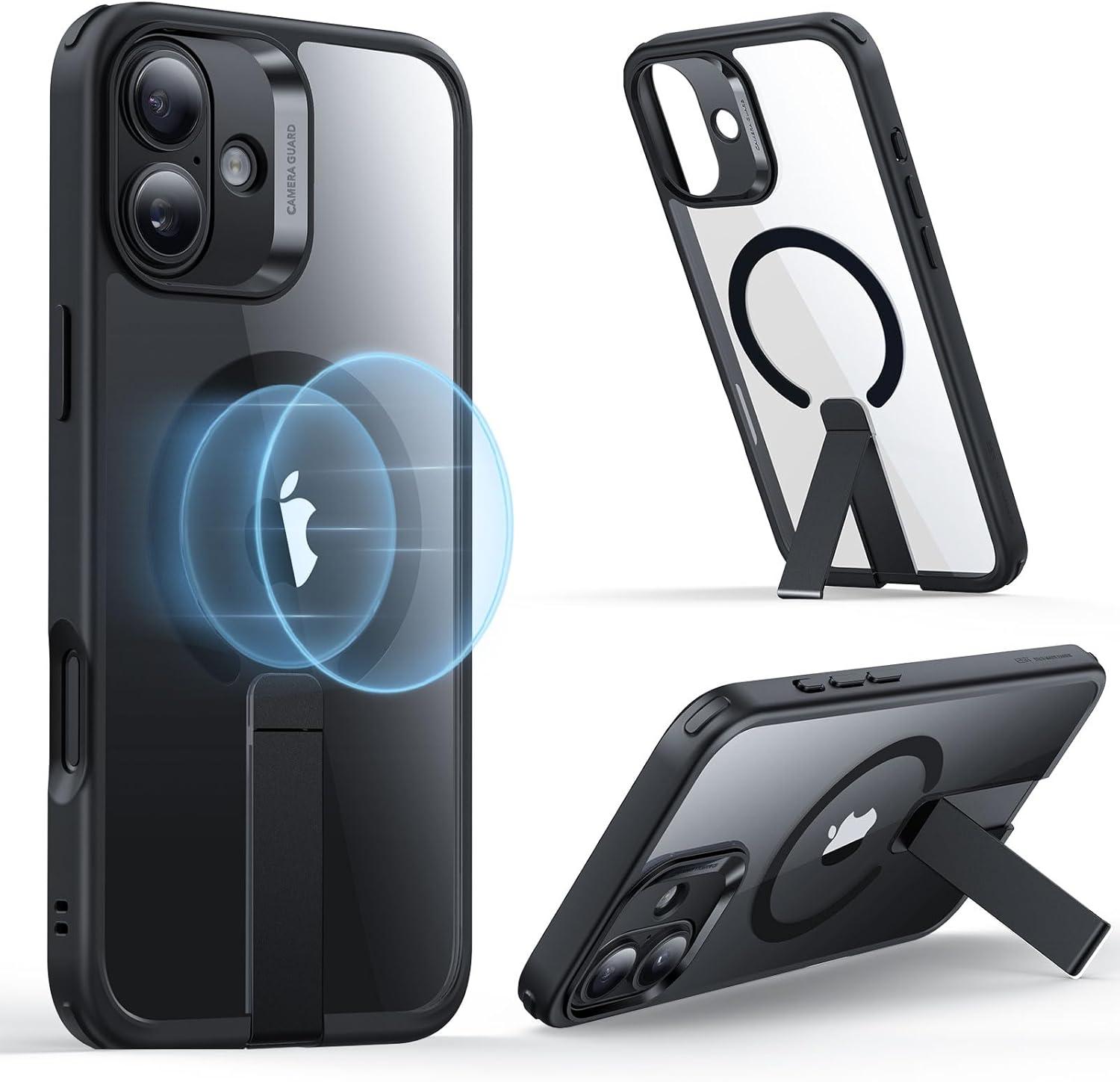 imageESR Patented Metal Kickstand Case Compatible with iPhone 13 Pro Max Two Ways to Tilt Reinforced Drop Protection Slim and Soft Case TransparentMagsafe Clear Black