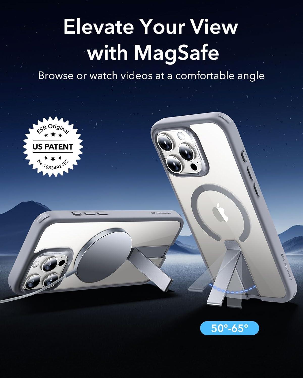 imageESR Patented Metal Kickstand Case Compatible with iPhone 13 Pro Max Two Ways to Tilt Reinforced Drop Protection Slim and Soft Case TransparentMagsafe Clear Grey