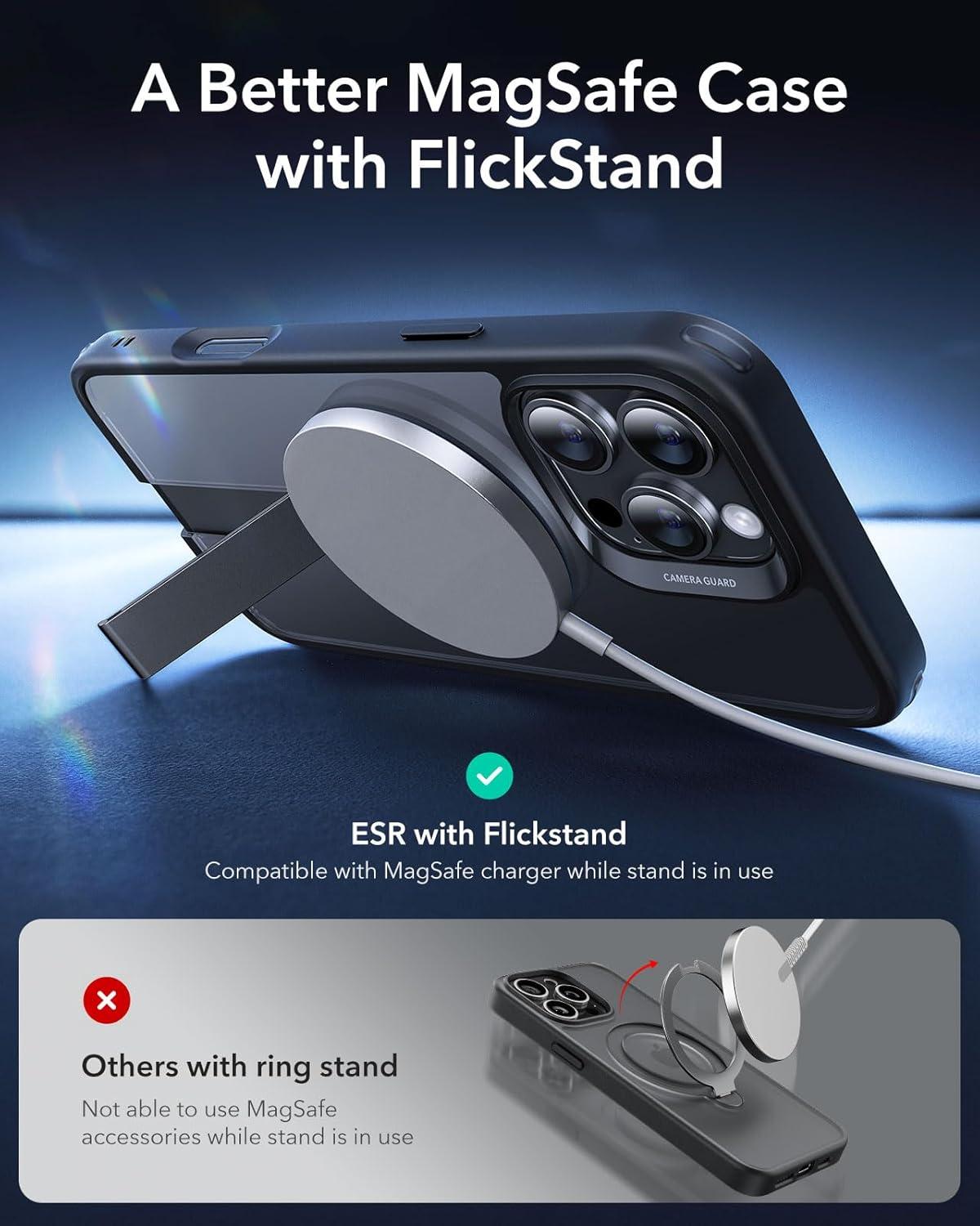 imageESR Patented Metal Kickstand Case Compatible with iPhone 13 Pro Max Two Ways to Tilt Reinforced Drop Protection Slim and Soft Case TransparentMagsafe Clear Black