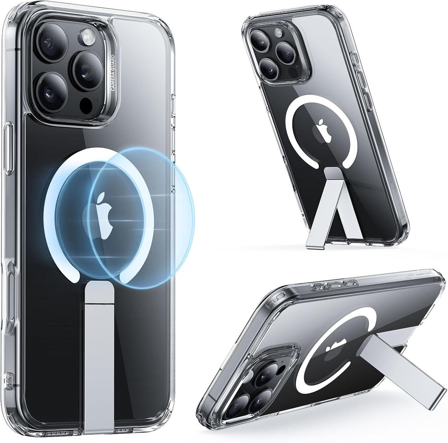 imageESR Patented Metal Kickstand Case Compatible with iPhone 13 Pro Max Two Ways to Tilt Reinforced Drop Protection Slim and Soft Case TransparentMagsafe Clear