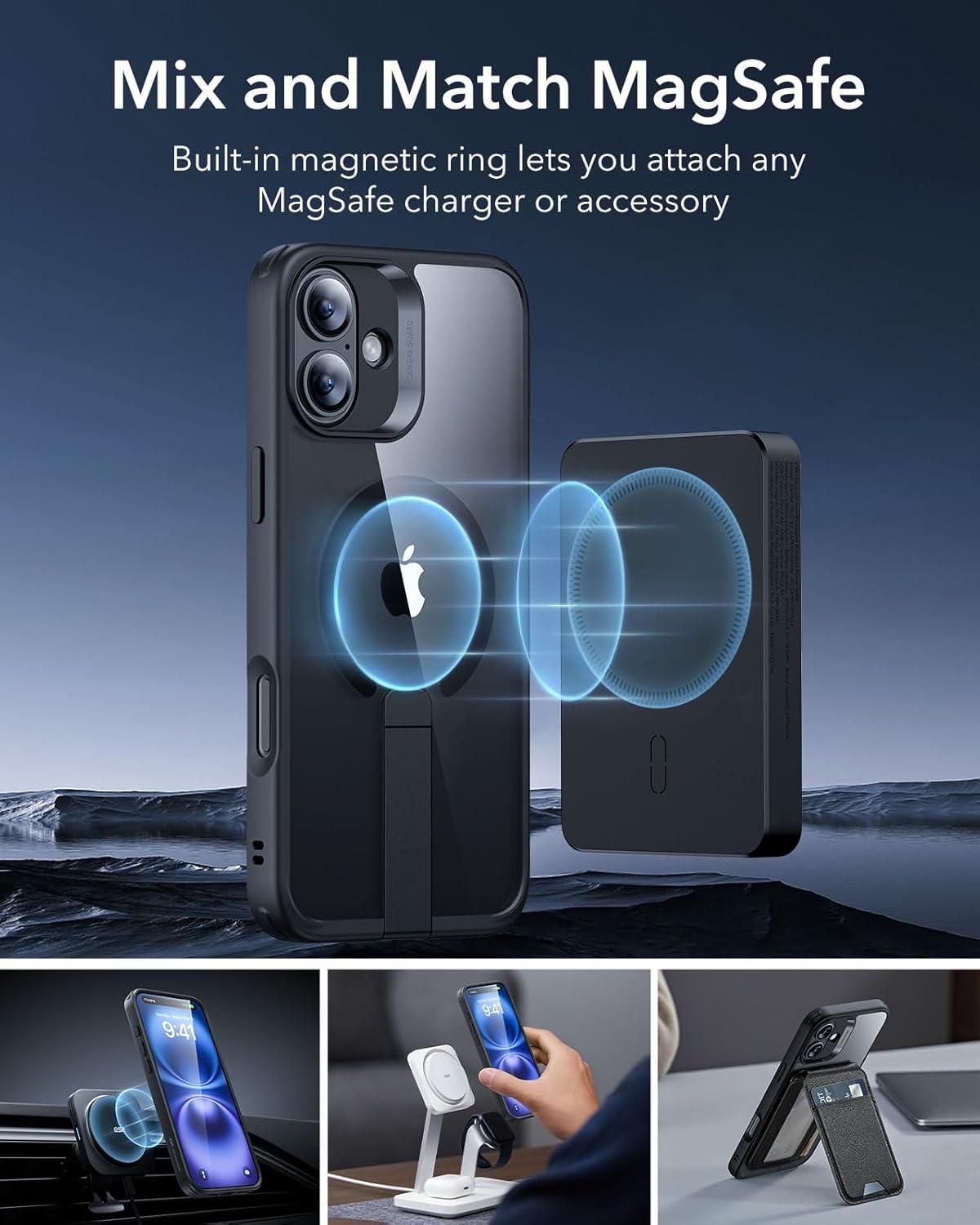imageESR Patented Metal Kickstand Case Compatible with iPhone 13 Pro Max Two Ways to Tilt Reinforced Drop Protection Slim and Soft Case TransparentMagsafe Clear Black