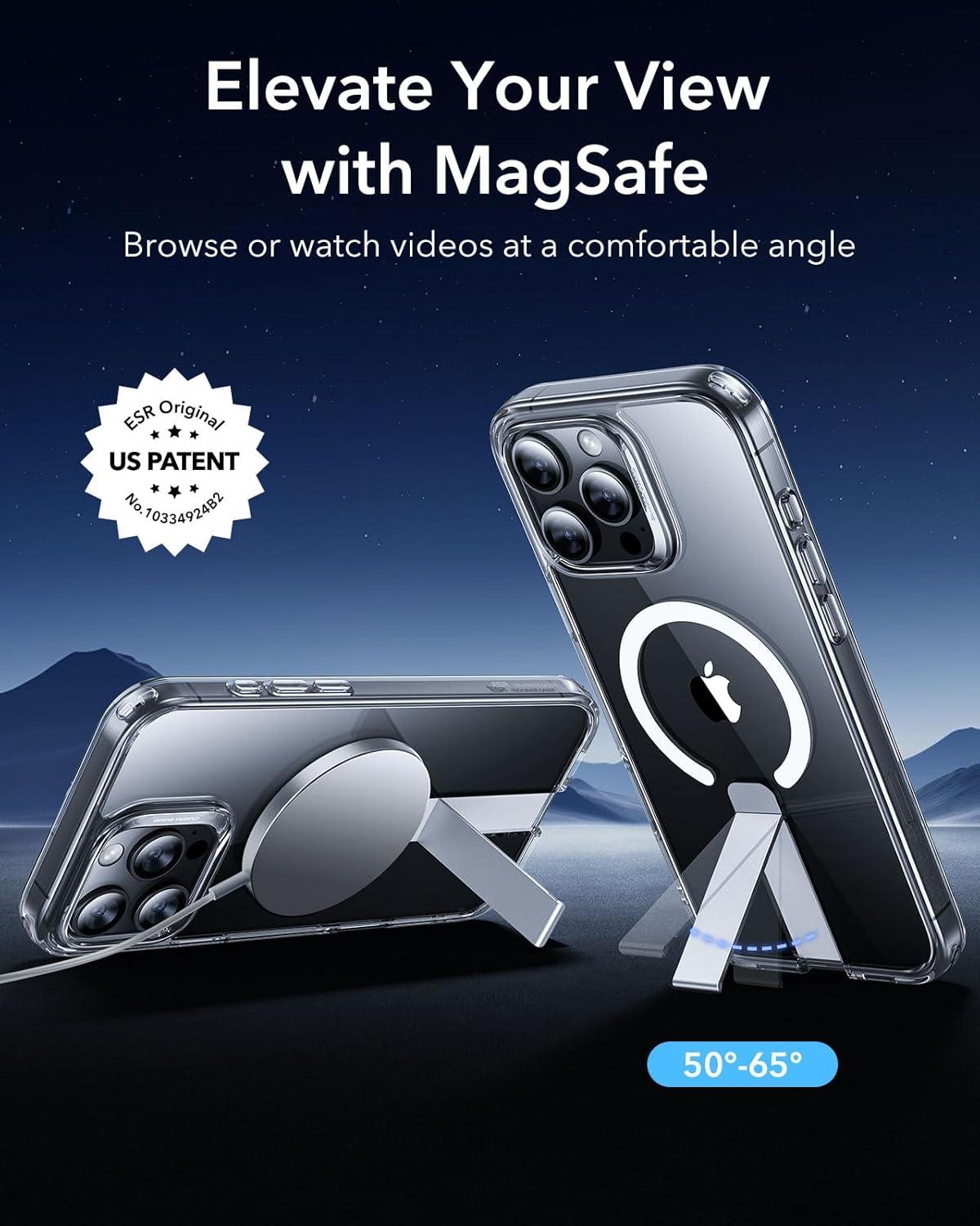 imageESR Patented Metal Kickstand Case Compatible with iPhone 13 Pro Max Two Ways to Tilt Reinforced Drop Protection Slim and Soft Case TransparentMagsafe Clear