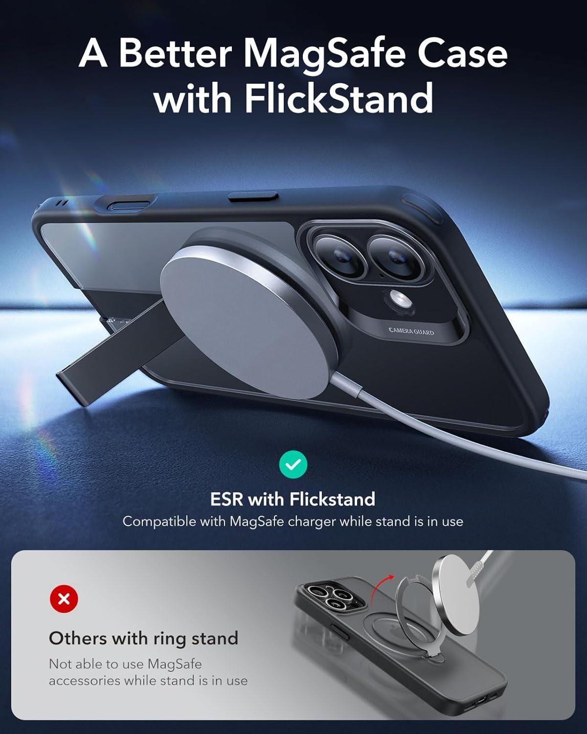 imageESR Patented Metal Kickstand Case Compatible with iPhone 13 Pro Max Two Ways to Tilt Reinforced Drop Protection Slim and Soft Case TransparentMagsafe Clear Black