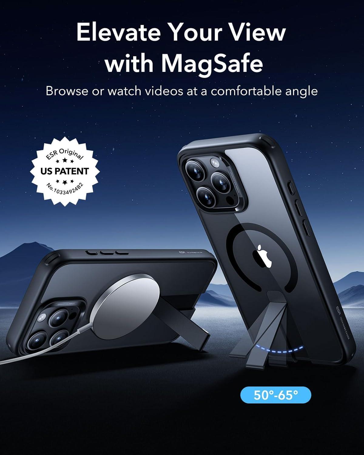 imageESR Patented Metal Kickstand Case Compatible with iPhone 13 Pro Max Two Ways to Tilt Reinforced Drop Protection Slim and Soft Case TransparentMagsafe Clear Black