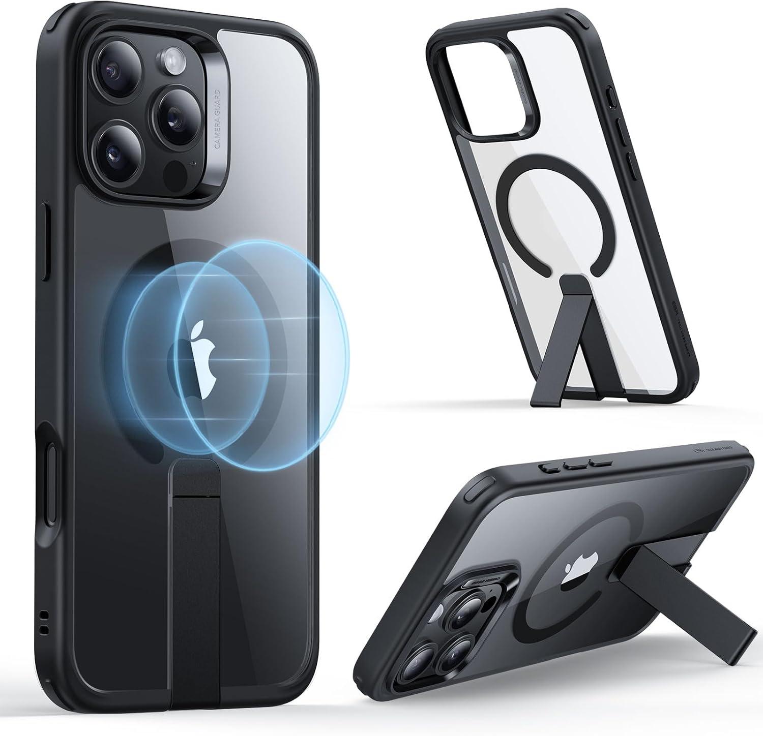 imageESR Patented Metal Kickstand Case Compatible with iPhone 13 Pro Max Two Ways to Tilt Reinforced Drop Protection Slim and Soft Case TransparentMagsafe Clear Black