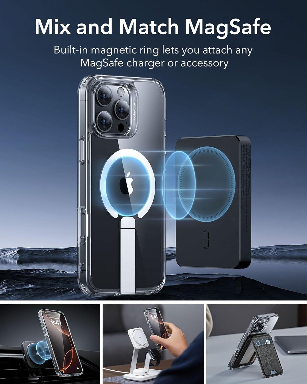 imageESR Patented Metal Kickstand Case Compatible with iPhone 13 Pro Max Two Ways to Tilt Reinforced Drop Protection Slim and Soft Case TransparentMagsafe Clear