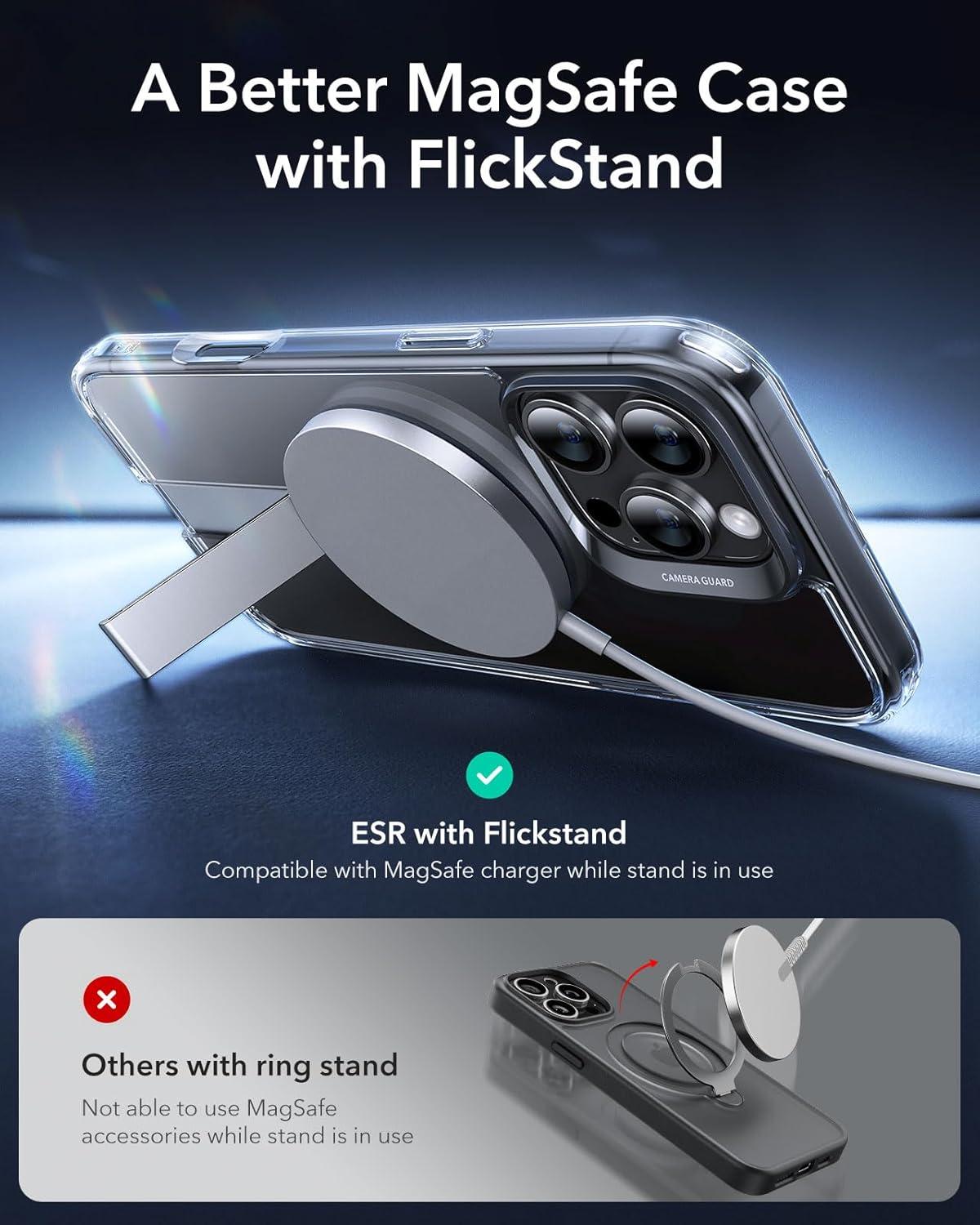 imageESR Patented Metal Kickstand Case Compatible with iPhone 13 Pro Max Two Ways to Tilt Reinforced Drop Protection Slim and Soft Case TransparentMagsafe Clear