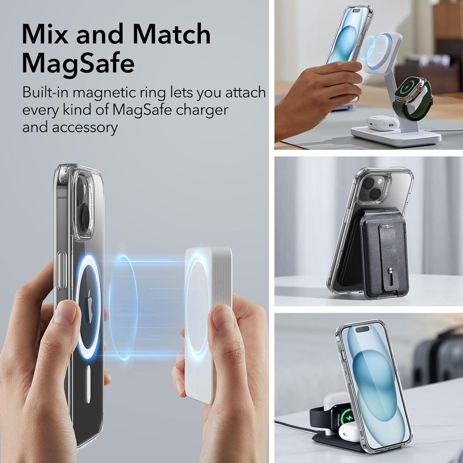 imageESR for iPhone 15 Case Set 1 TemperedGlass Screen Protector 1 Set of Lens Protectors MilitaryGrade Protection Yellowing and Scratch Resistant MagSafe Phone Case Classic Series ClearClear Set