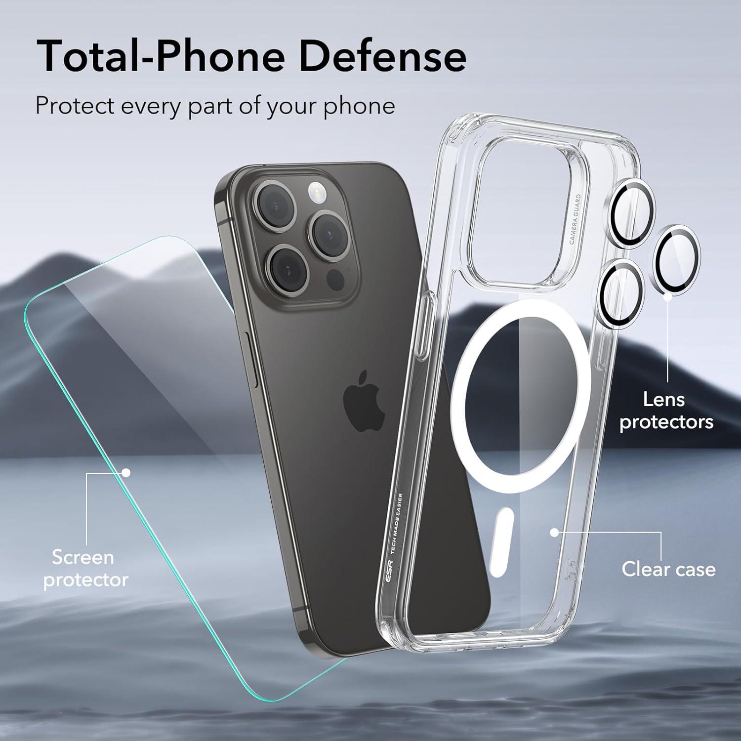 imageESR for iPhone 15 Case Set 1 TemperedGlass Screen Protector 1 Set of Lens Protectors MilitaryGrade Protection Yellowing and Scratch Resistant MagSafe Phone Case Classic Series ClearClear Set