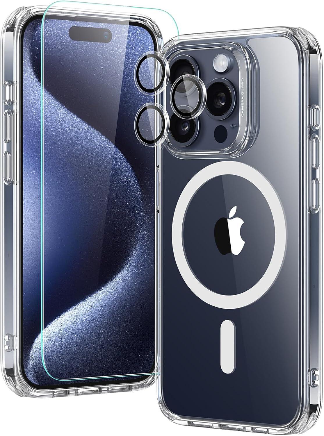 imageESR for iPhone 15 Case Set 1 TemperedGlass Screen Protector 1 Set of Lens Protectors MilitaryGrade Protection Yellowing and Scratch Resistant MagSafe Phone Case Classic Series ClearClear Set