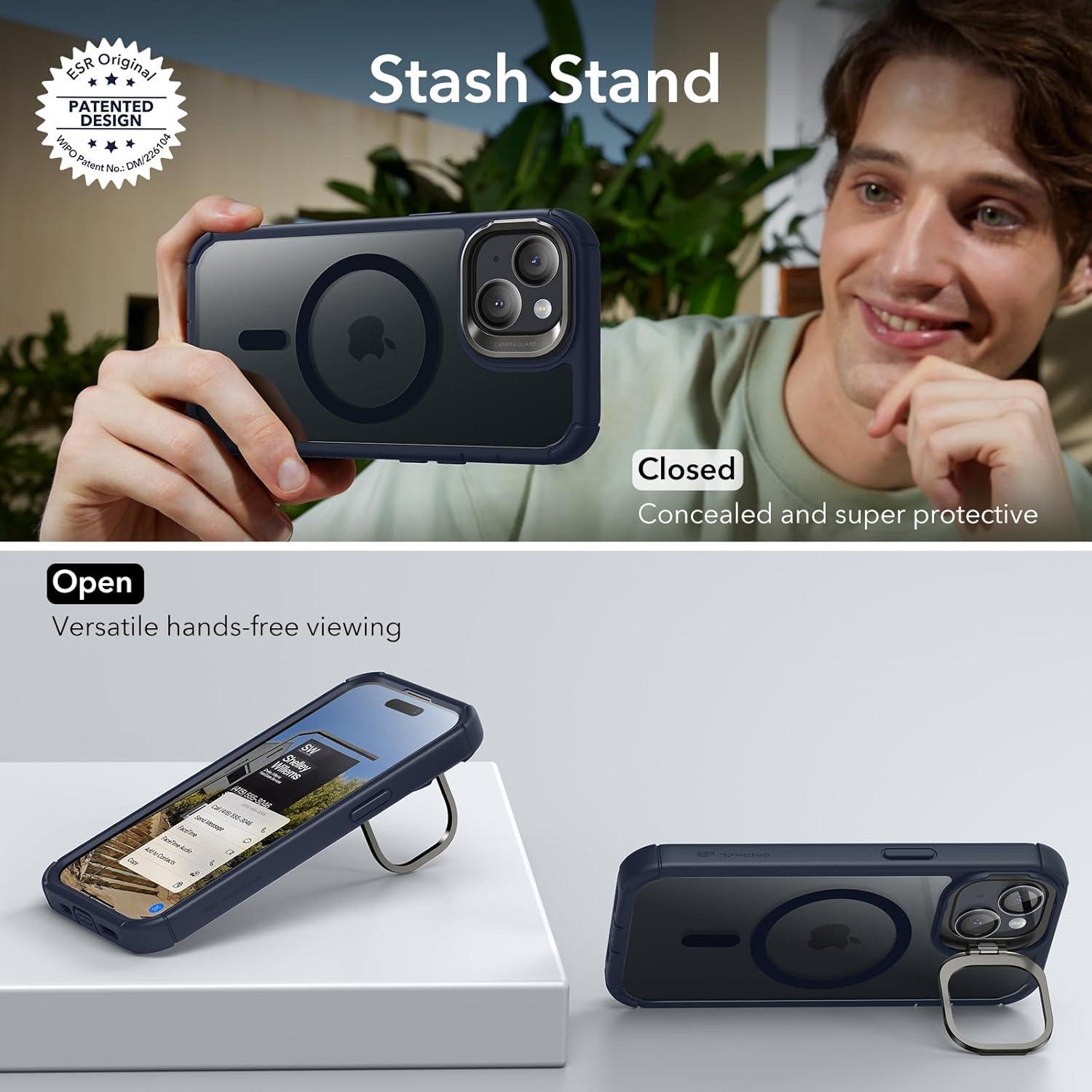 imageESR for iPhone 15 Case with Stand Compatible with MagSafe FullBody MilitaryGrade Drop Proof Case with Builtin 9H Tempered Glass Screen Protector Armor Series Clear Dark BlueClear Dark Blue Stand