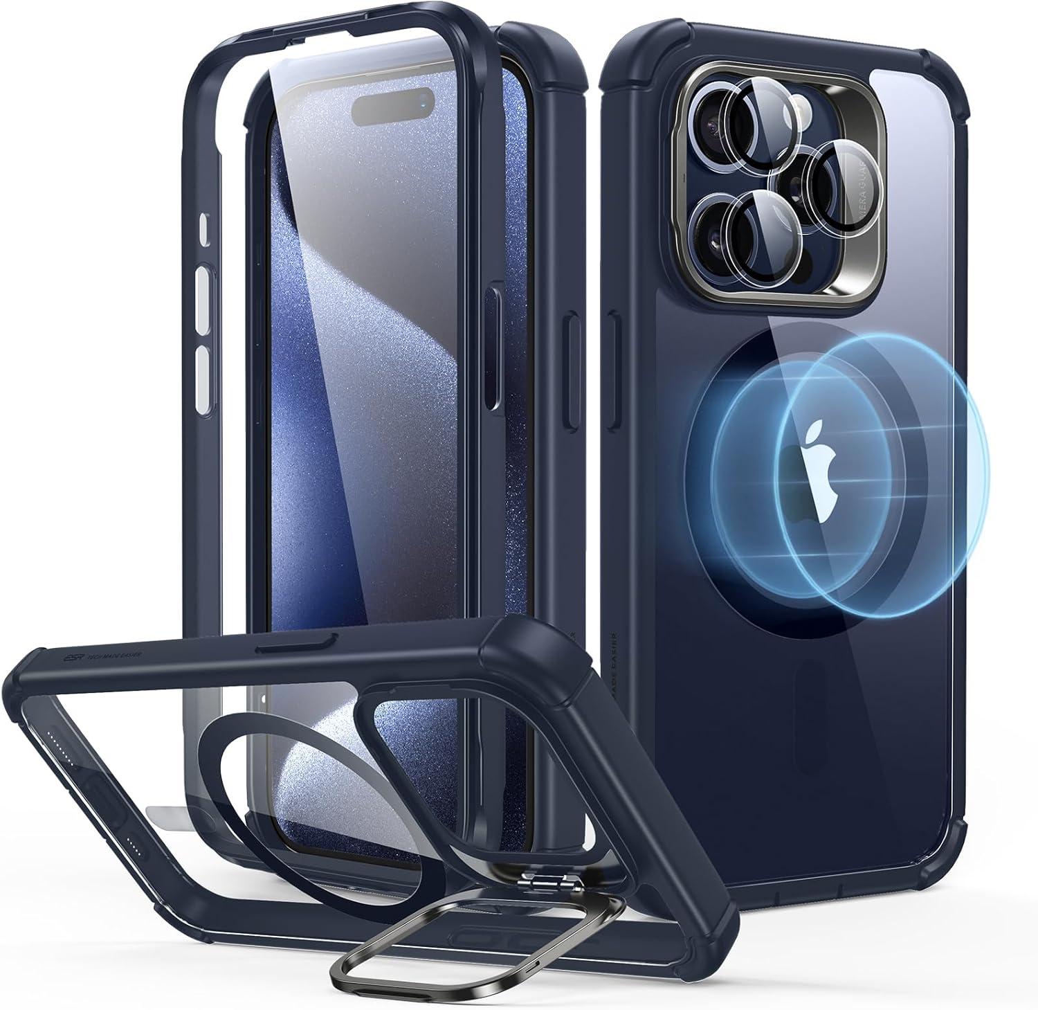 imageESR for iPhone 15 Case with Stand Compatible with MagSafe FullBody MilitaryGrade Drop Proof Case with Builtin 9H Tempered Glass Screen Protector Armor Series Clear Dark BlueClear Dark Blue Stand
