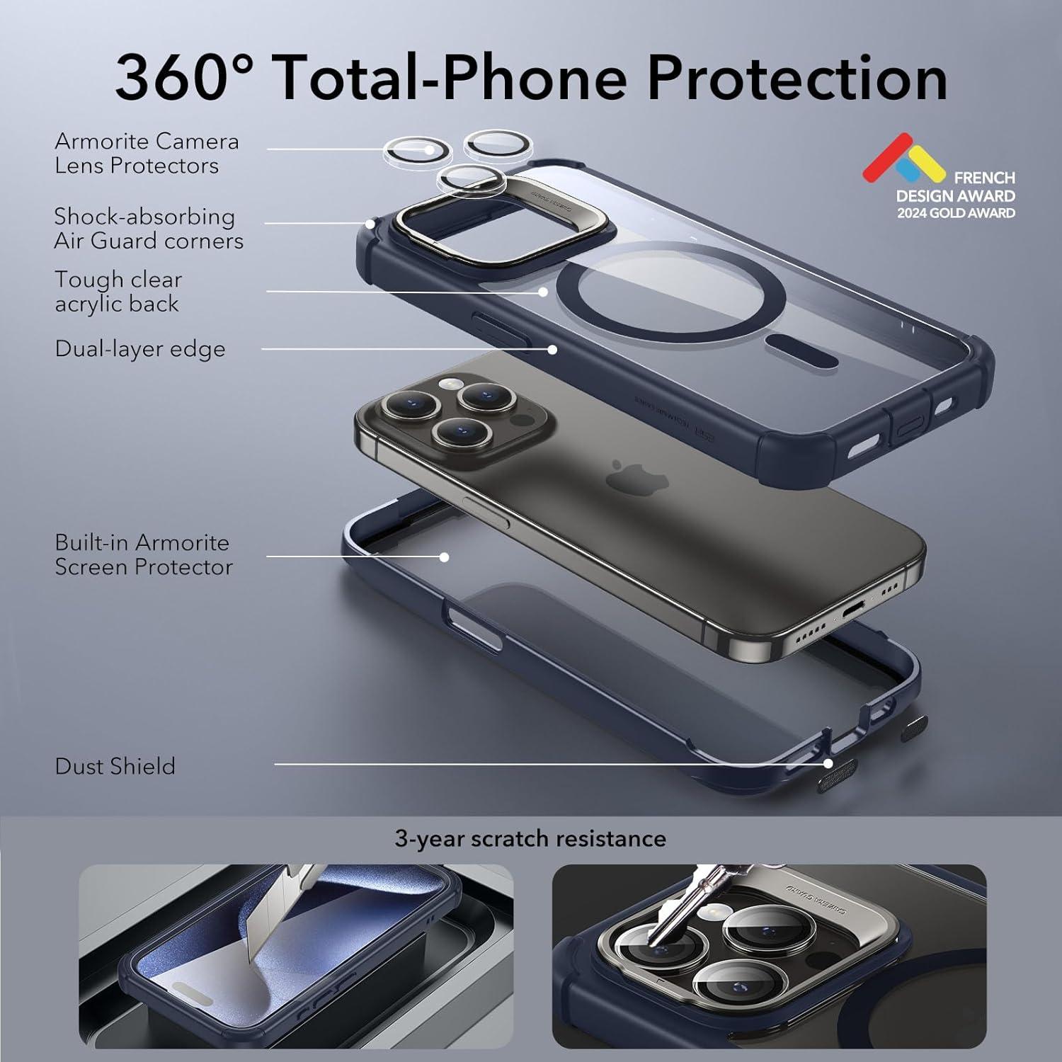 imageESR for iPhone 15 Case with Stand Compatible with MagSafe FullBody MilitaryGrade Drop Proof Case with Builtin 9H Tempered Glass Screen Protector Armor Series Clear Dark BlueClear Dark Blue Stand