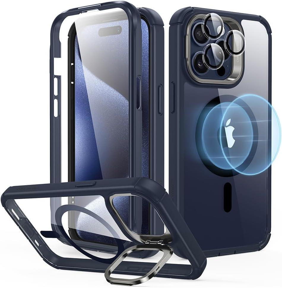 imageESR for iPhone 15 Case with Stand Compatible with MagSafe FullBody MilitaryGrade Drop Proof Case with Builtin 9H Tempered Glass Screen Protector Armor Series Clear Dark BlueClear Dark Blue Stand