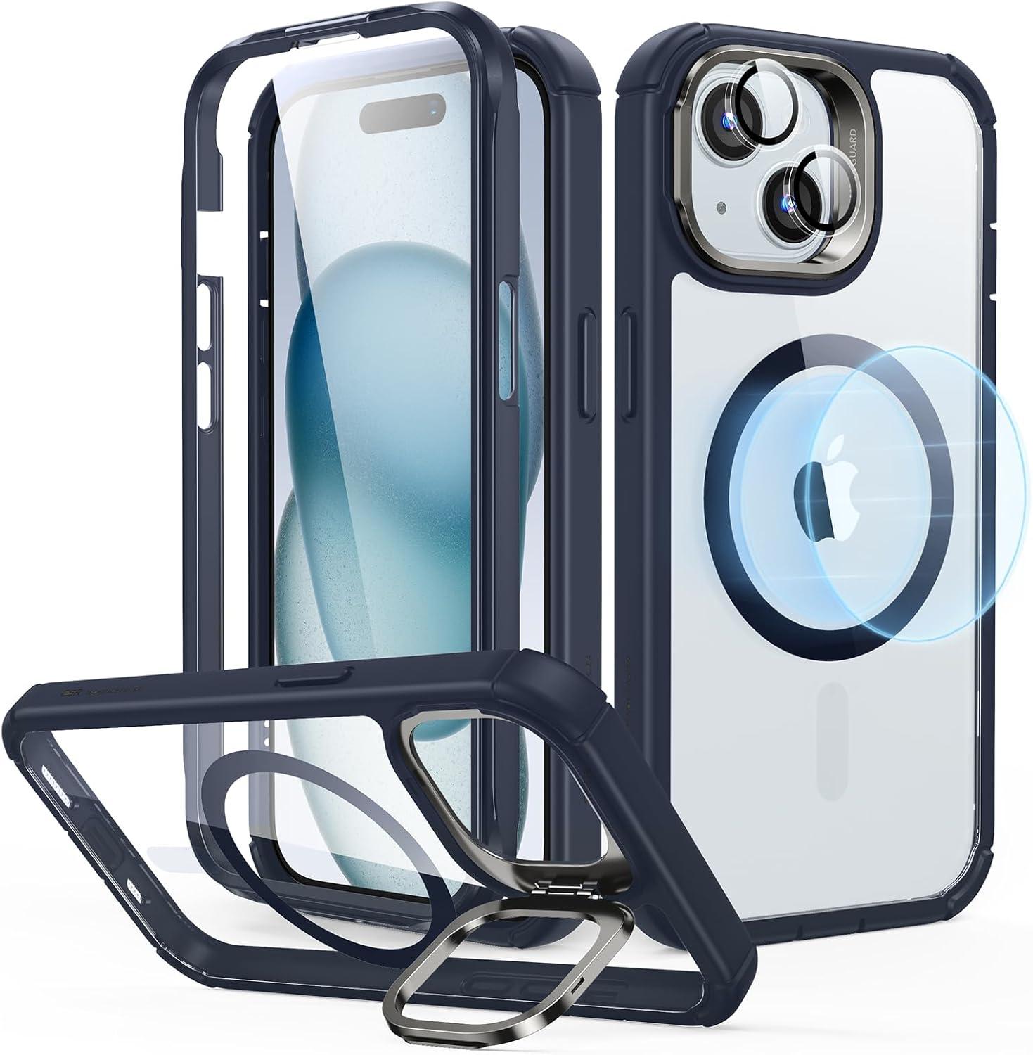 imageESR for iPhone 15 Case with Stand Compatible with MagSafe FullBody MilitaryGrade Drop Proof Case with Builtin 9H Tempered Glass Screen Protector Armor Series Clear Dark BlueClear Dark Blue Stand