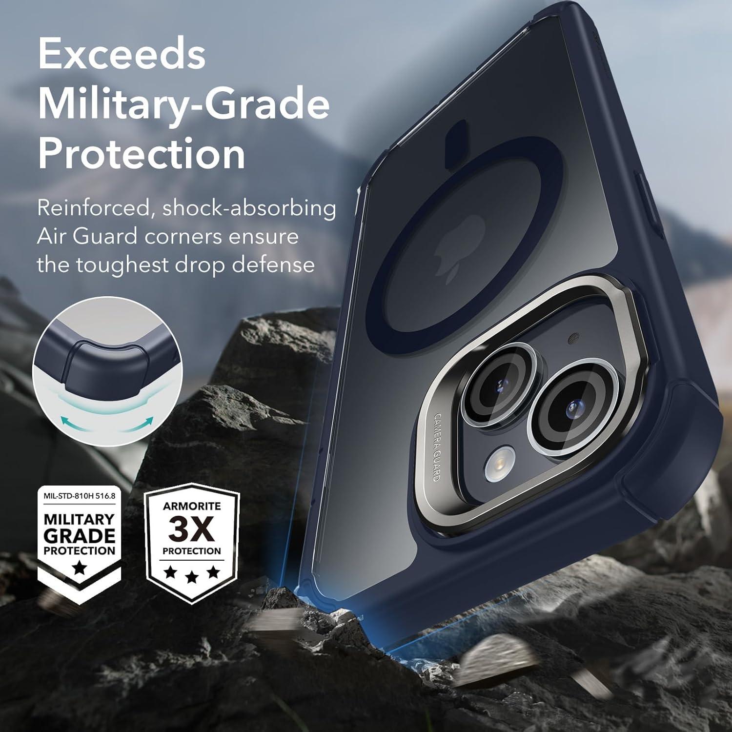 imageESR for iPhone 15 Case with Stand Compatible with MagSafe FullBody MilitaryGrade Drop Proof Case with Builtin 9H Tempered Glass Screen Protector Armor Series Clear Dark BlueClear Dark Blue Stand