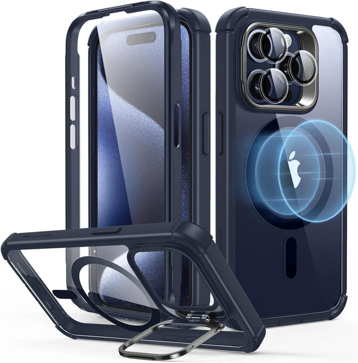 imageESR for iPhone 15 Case with Stand Compatible with MagSafe FullBody MilitaryGrade Drop Proof Case with Builtin 9H Tempered Glass Screen Protector Armor Series Clear Dark BlueClear Dark Blue Stand