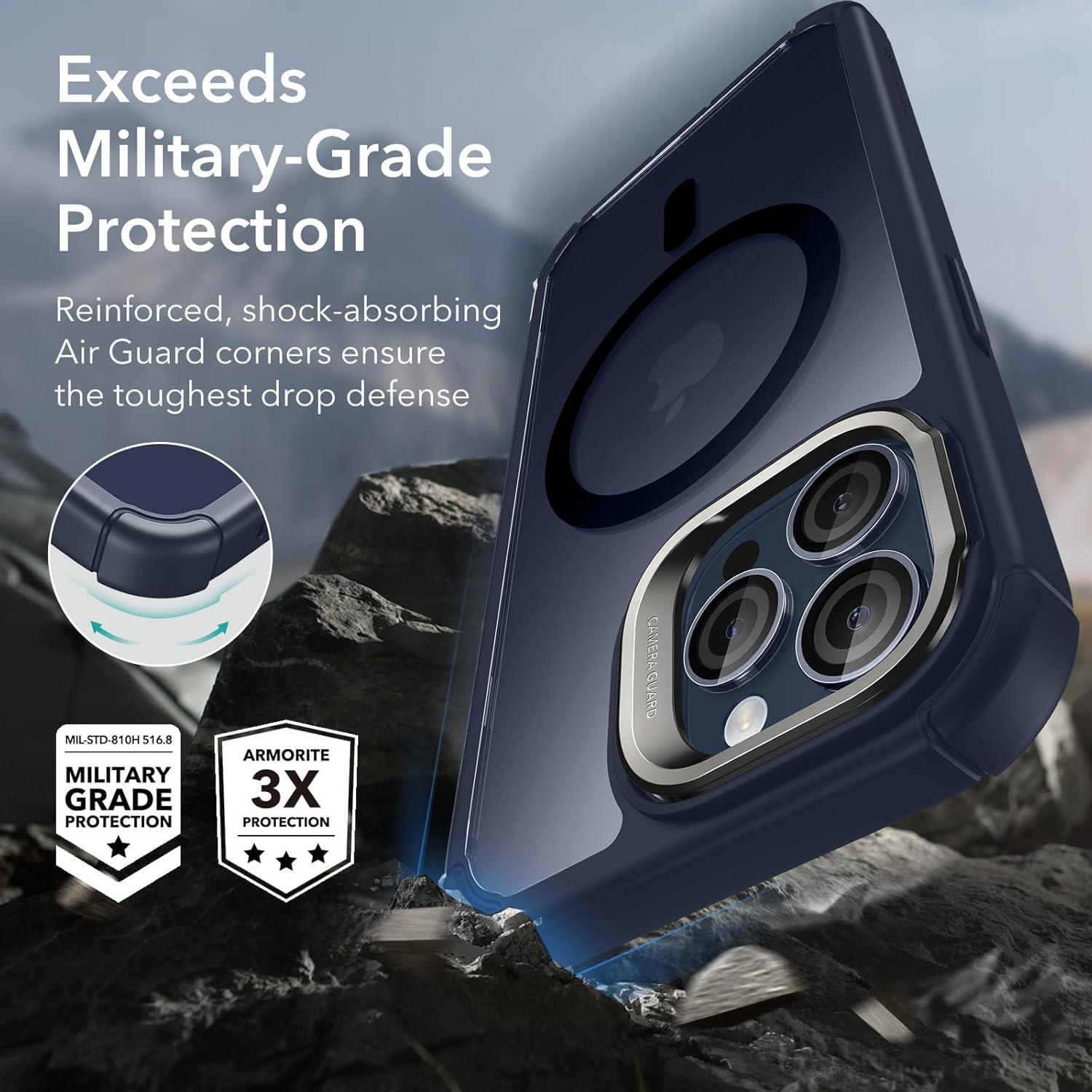 imageESR for iPhone 15 Case with Stand Compatible with MagSafe FullBody MilitaryGrade Drop Proof Case with Builtin 9H Tempered Glass Screen Protector Armor Series Clear Dark BlueClear Dark Blue Stand
