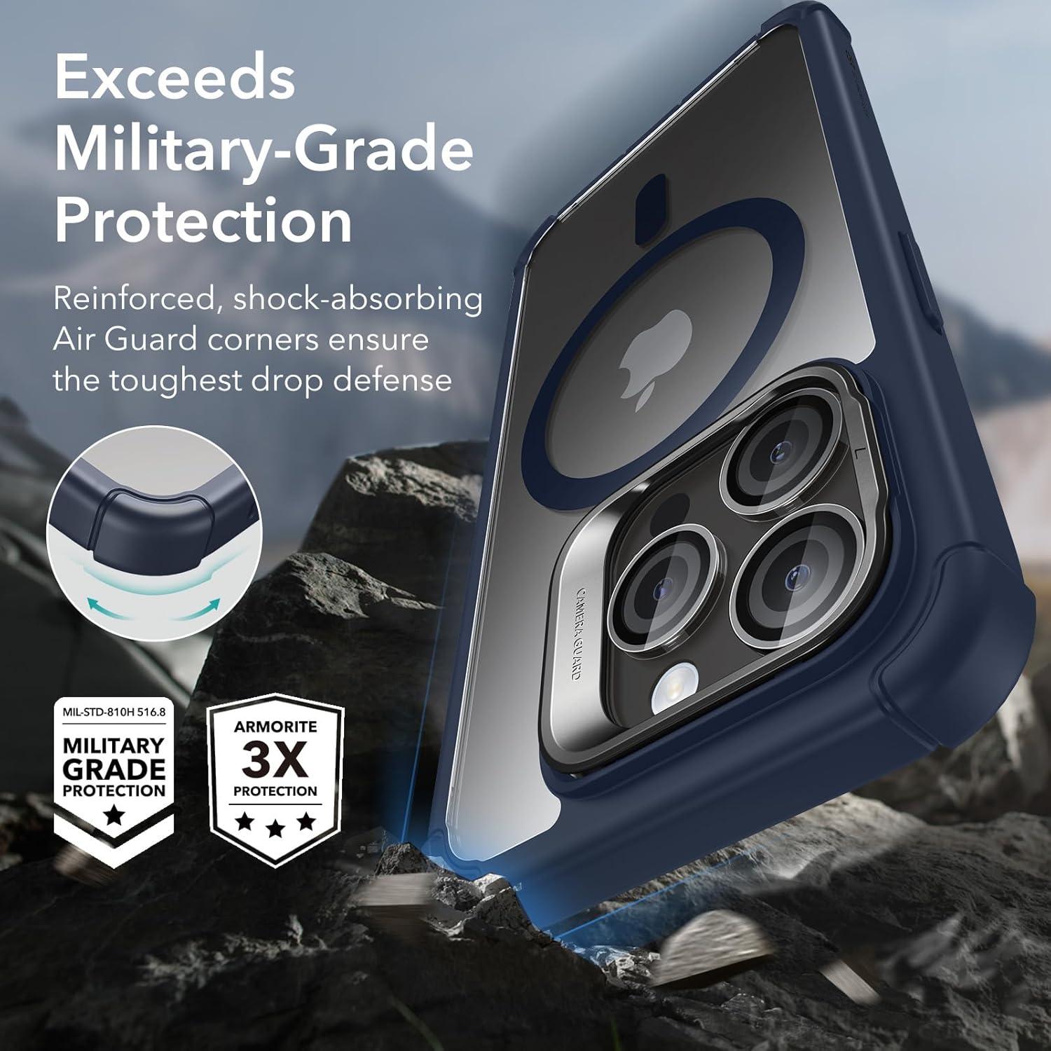 imageESR for iPhone 15 Case with Stand Compatible with MagSafe FullBody MilitaryGrade Drop Proof Case with Builtin 9H Tempered Glass Screen Protector Armor Series Clear Dark BlueClear Dark Blue Stand
