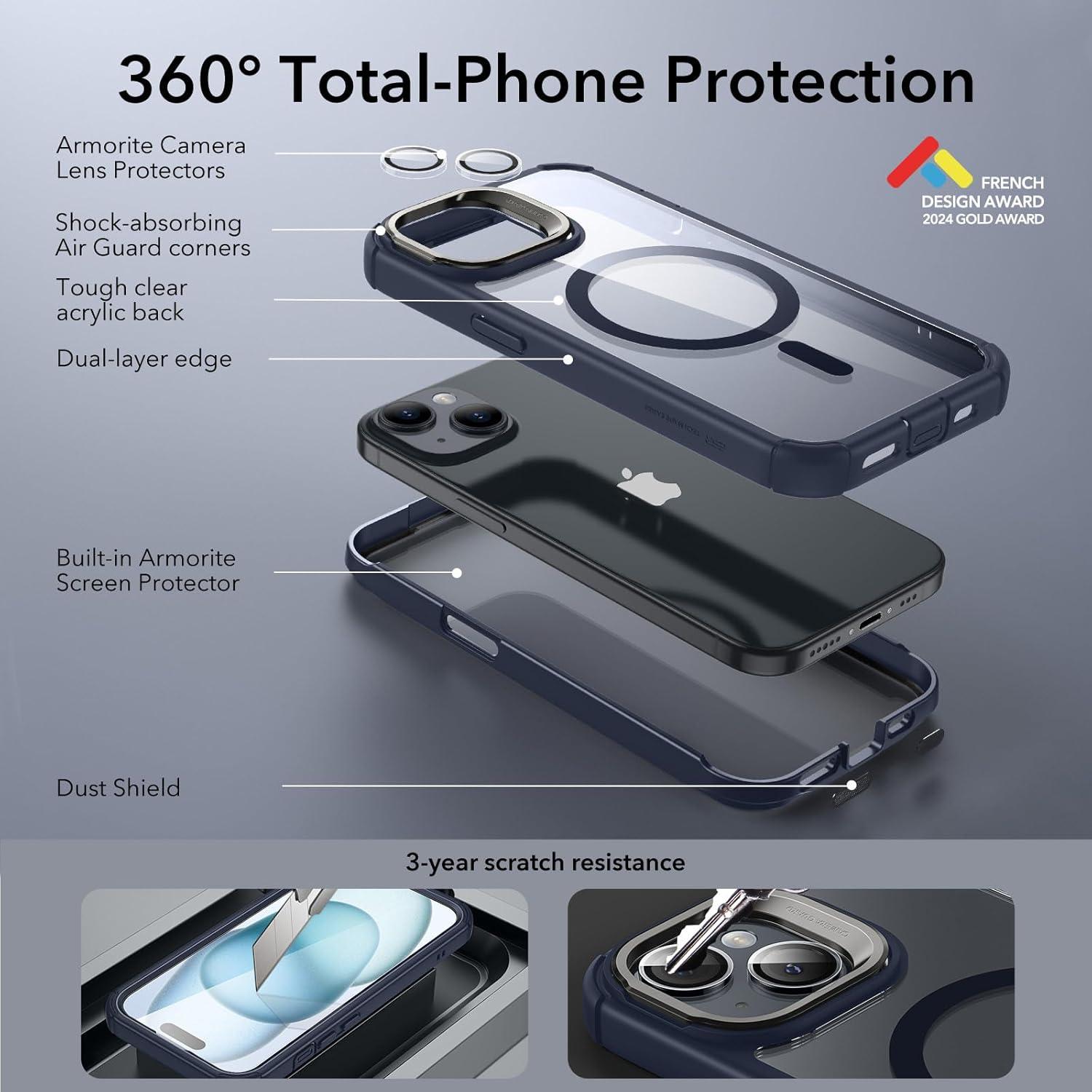imageESR for iPhone 15 Case with Stand Compatible with MagSafe FullBody MilitaryGrade Drop Proof Case with Builtin 9H Tempered Glass Screen Protector Armor Series Clear Dark BlueClear Dark Blue Stand