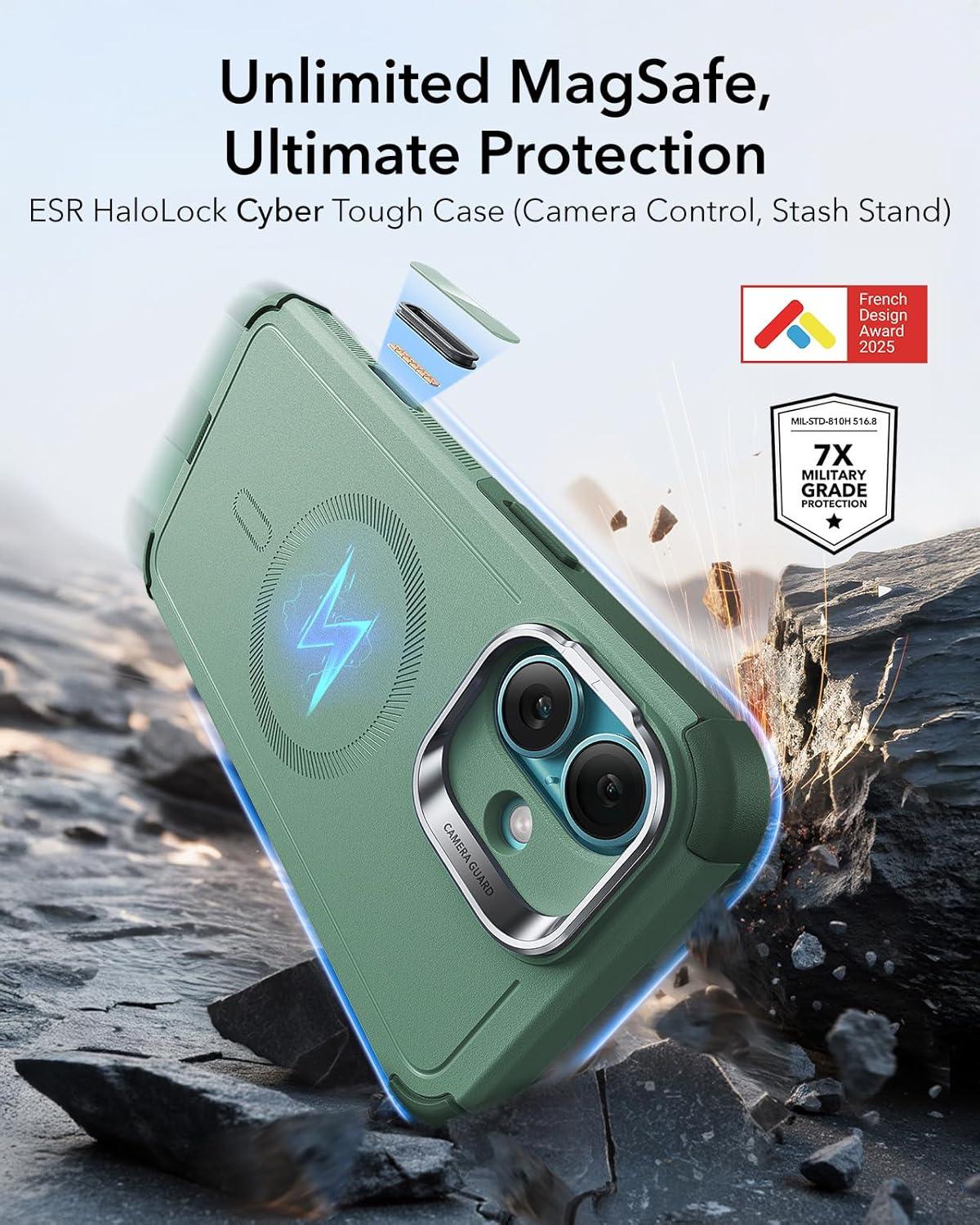 imageESR for iPhone 17 Pro Max Case with Stash Stand 7X MilitaryGrade Drop Protection with Camera Control ShockAbsorbing Phone Rugged Cover Compatible with MagSafe Accessories Cyber Series BlackACamera ControlLight Green