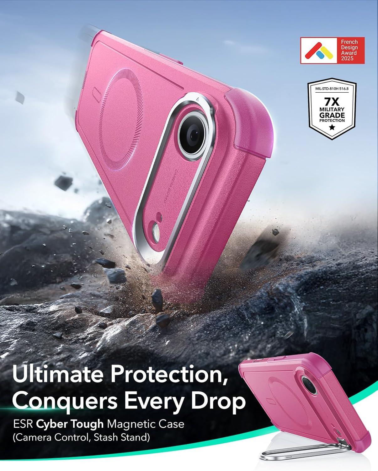 imageESR for iPhone 17 Pro Max Case with Stash Stand 7X MilitaryGrade Drop Protection with Camera Control ShockAbsorbing Phone Rugged Cover Compatible with MagSafe Accessories Cyber Series BlackACamera ControlPink