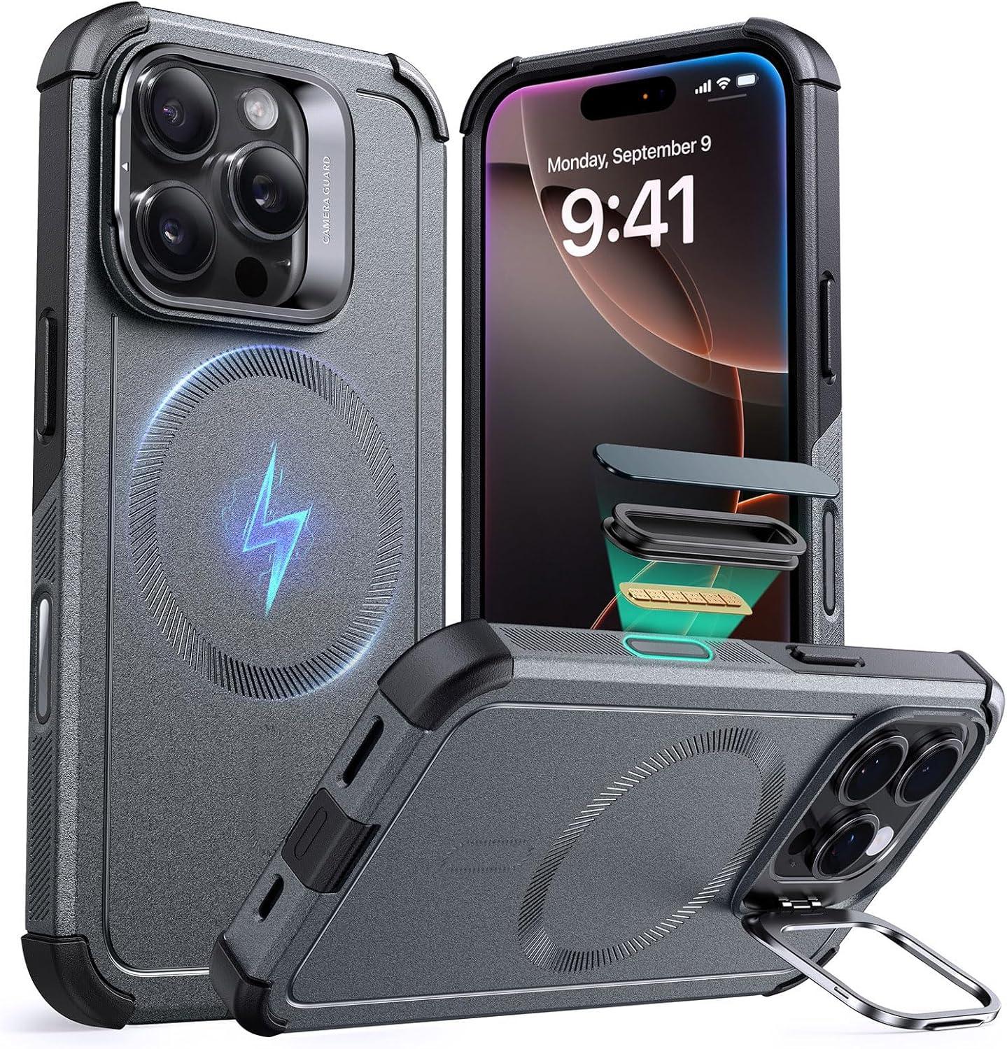 imageESR for iPhone 17 Pro Max Case with Stash Stand 7X MilitaryGrade Drop Protection with Camera Control ShockAbsorbing Phone Rugged Cover Compatible with MagSafe Accessories Cyber Series BlackACamera ControlGrey