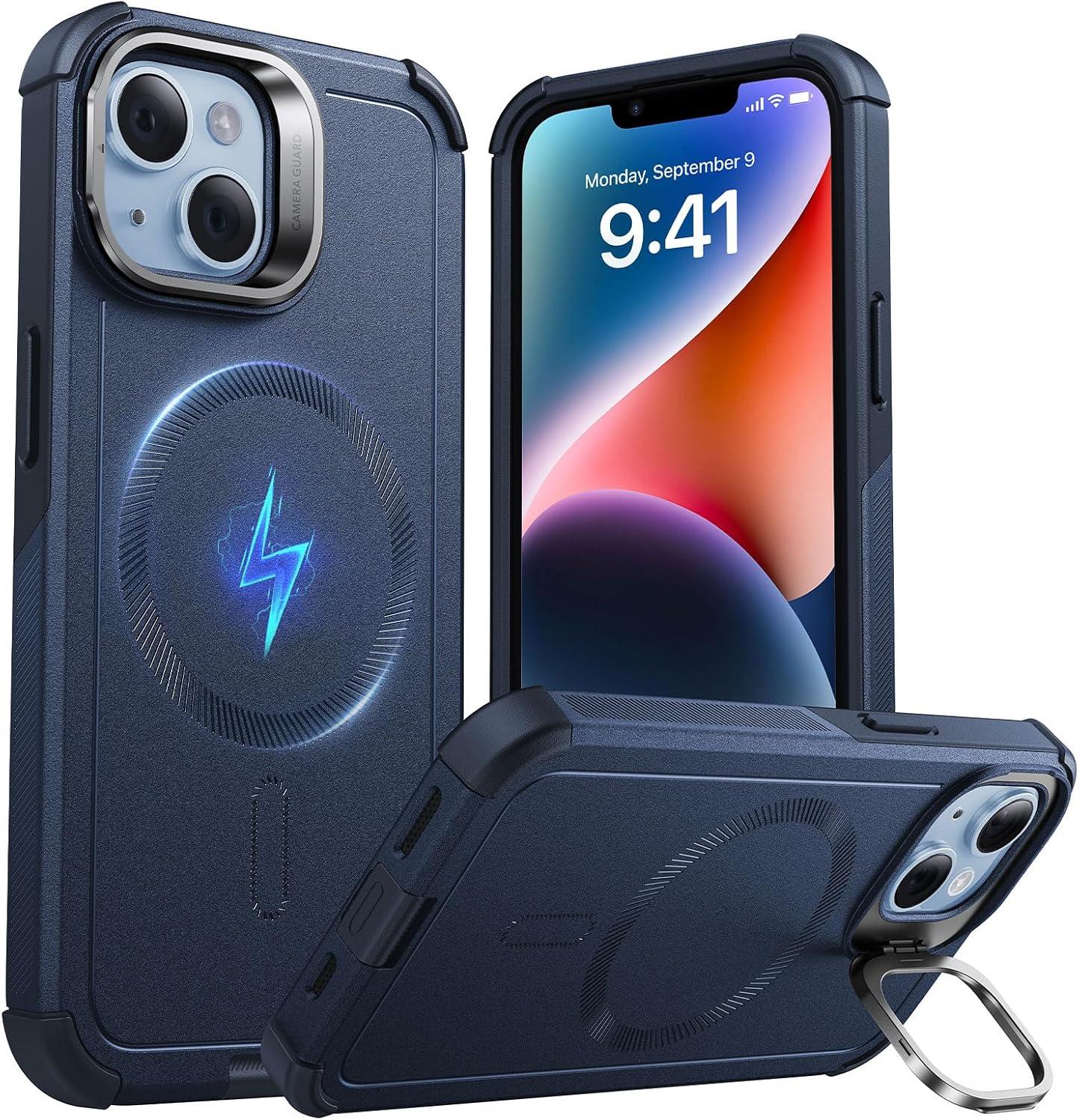 imageESR for iPhone 17 Pro Max Case with Stash Stand 7X MilitaryGrade Drop Protection with Camera Control ShockAbsorbing Phone Rugged Cover Compatible with MagSafe Accessories Cyber Series BlackMagnetic StandBlue