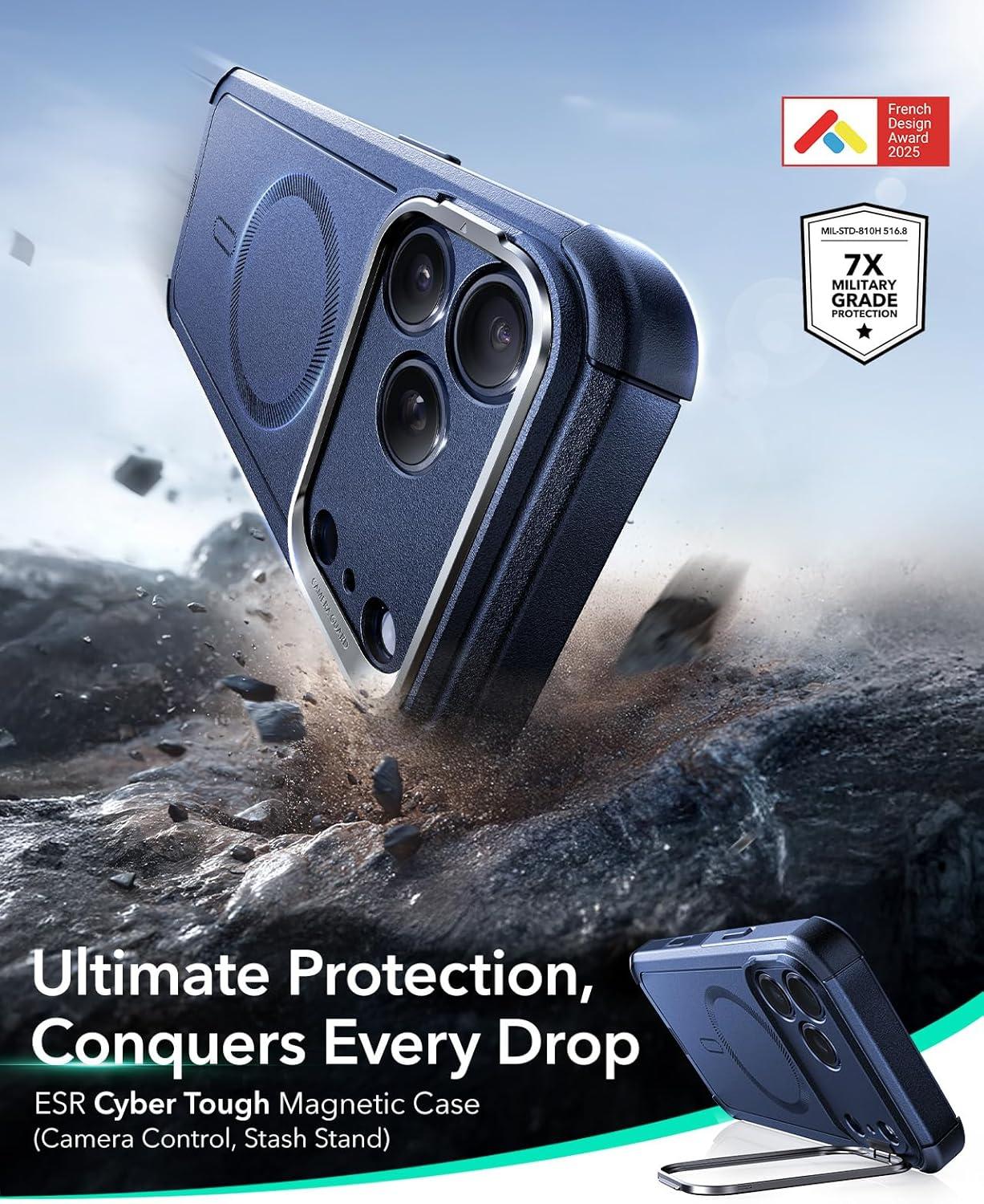 imageESR for iPhone 17 Pro Max Case with Stash Stand 7X MilitaryGrade Drop Protection with Camera Control ShockAbsorbing Phone Rugged Cover Compatible with MagSafe Accessories Cyber Series BlackACamera ControlNavy Blue