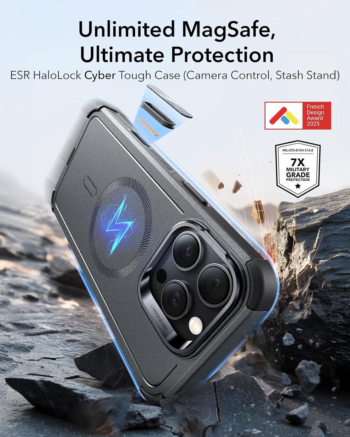 imageESR for iPhone 17 Pro Max Case with Stash Stand 7X MilitaryGrade Drop Protection with Camera Control ShockAbsorbing Phone Rugged Cover Compatible with MagSafe Accessories Cyber Series BlackACamera ControlGrey