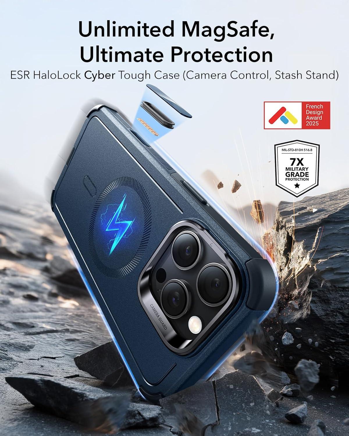imageESR for iPhone 17 Pro Max Case with Stash Stand 7X MilitaryGrade Drop Protection with Camera Control ShockAbsorbing Phone Rugged Cover Compatible with MagSafe Accessories Cyber Series BlackACamera ControlNavy Blue