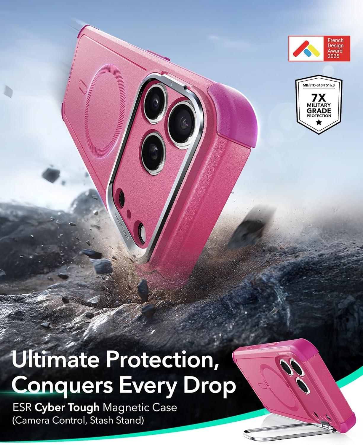 imageESR for iPhone 17 Pro Max Case with Stash Stand 7X MilitaryGrade Drop Protection with Camera Control ShockAbsorbing Phone Rugged Cover Compatible with MagSafe Accessories Cyber Series BlackACamera ControlPink