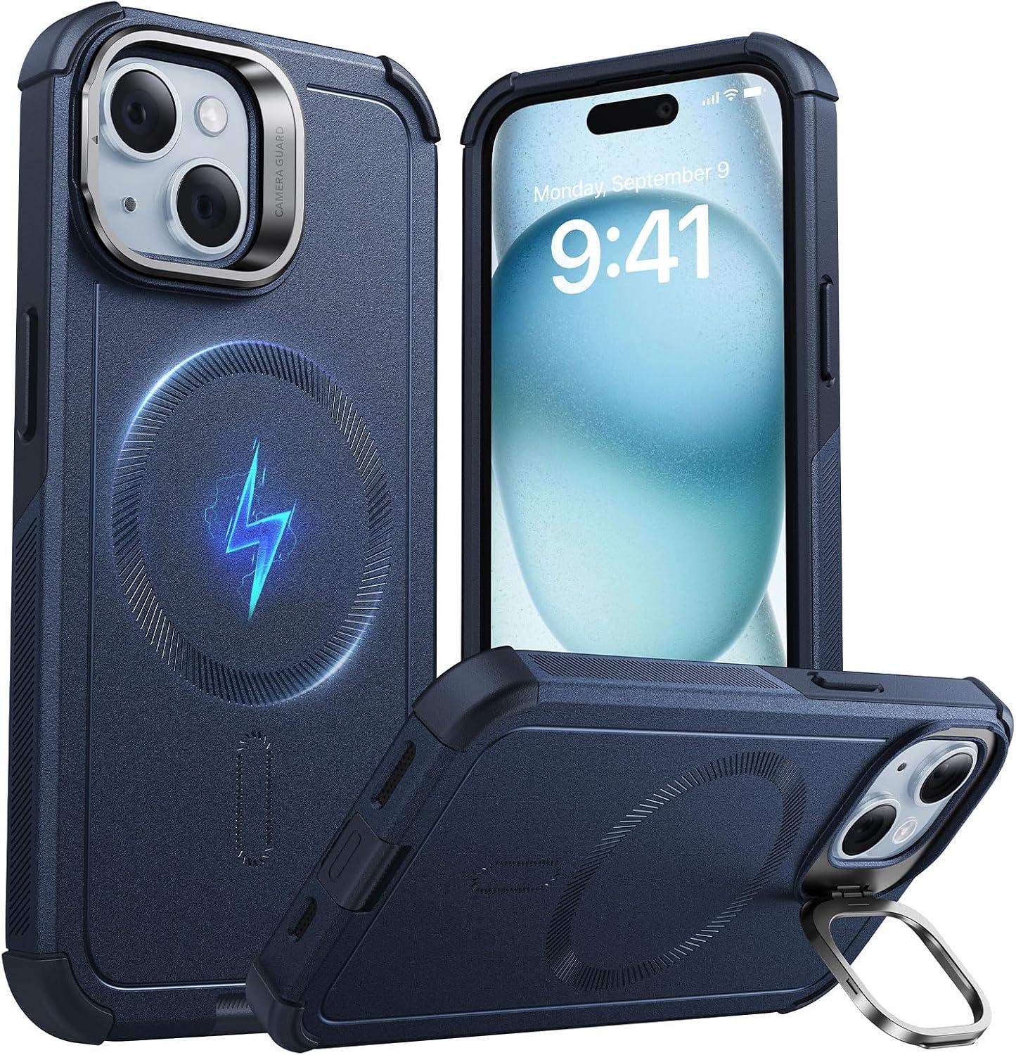 imageESR for iPhone 17 Pro Max Case with Stash Stand 7X MilitaryGrade Drop Protection with Camera Control ShockAbsorbing Phone Rugged Cover Compatible with MagSafe Accessories Cyber Series BlackMagnetic StandBlue