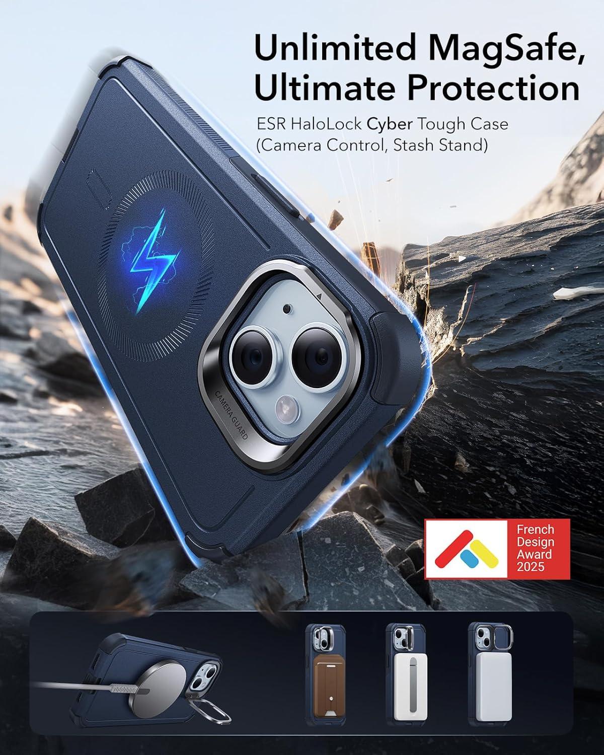 imageESR for iPhone 17 Pro Max Case with Stash Stand 7X MilitaryGrade Drop Protection with Camera Control ShockAbsorbing Phone Rugged Cover Compatible with MagSafe Accessories Cyber Series BlackMagnetic StandBlue