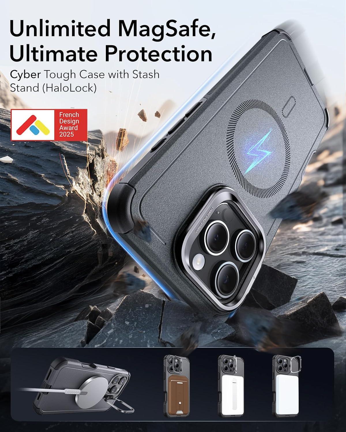 imageESR for iPhone 17 Pro Max Case with Stash Stand 7X MilitaryGrade Drop Protection with Camera Control ShockAbsorbing Phone Rugged Cover Compatible with MagSafe Accessories Cyber Series BlackMagnetic StandGrey
