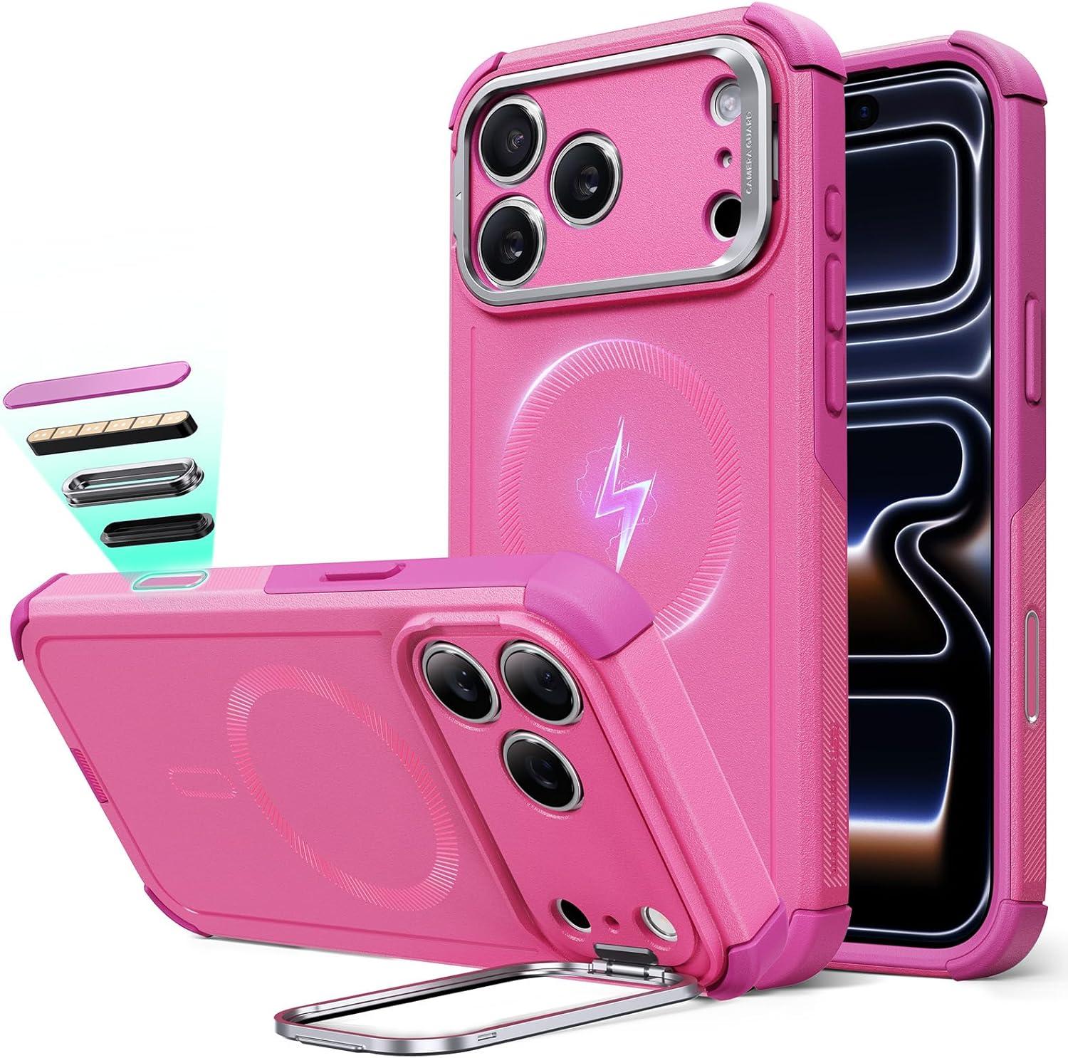 imageESR for iPhone 17 Pro Max Case with Stash Stand 7X MilitaryGrade Drop Protection with Camera Control ShockAbsorbing Phone Rugged Cover Compatible with MagSafe Accessories Cyber Series BlackACamera ControlPink