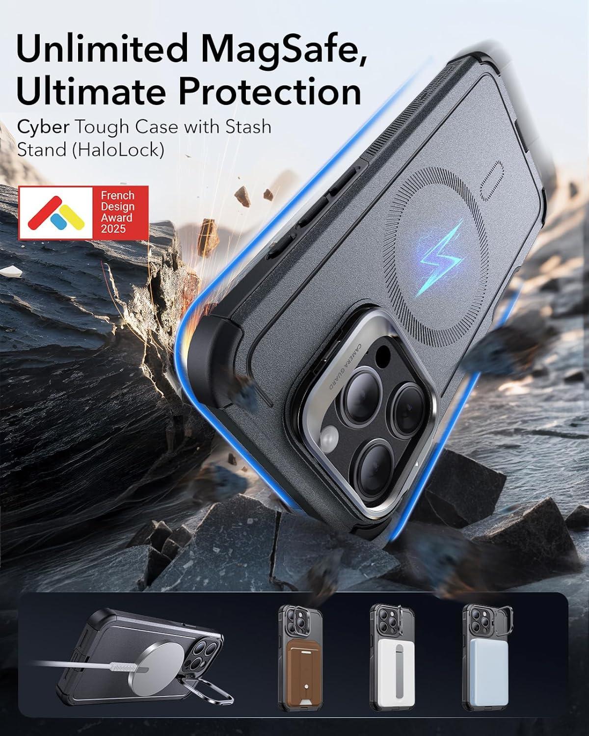 imageESR for iPhone 17 Pro Max Case with Stash Stand 7X MilitaryGrade Drop Protection with Camera Control ShockAbsorbing Phone Rugged Cover Compatible with MagSafe Accessories Cyber Series BlackMagnetic StandGrey