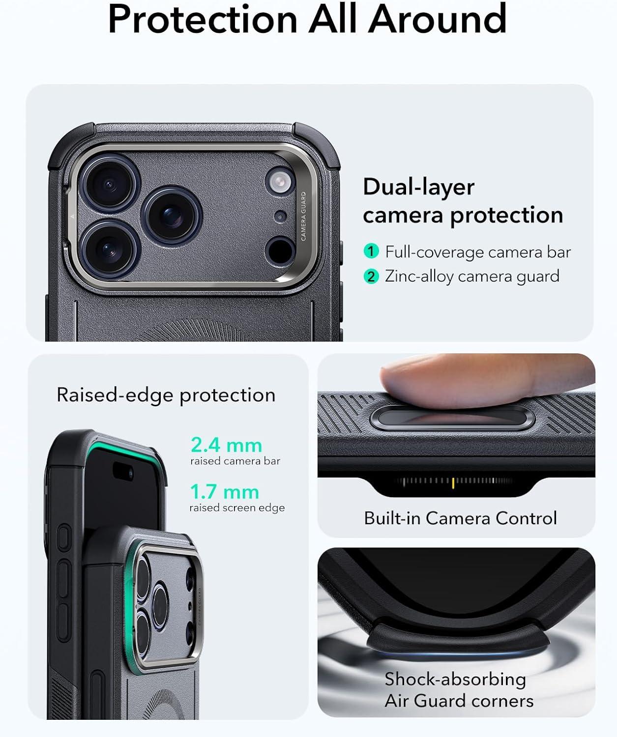 imageESR for iPhone 17 Pro Max Case with Stash Stand 7X MilitaryGrade Drop Protection with Camera Control ShockAbsorbing Phone Rugged Cover Compatible with MagSafe Accessories Cyber Series BlackACamera ControlGrey